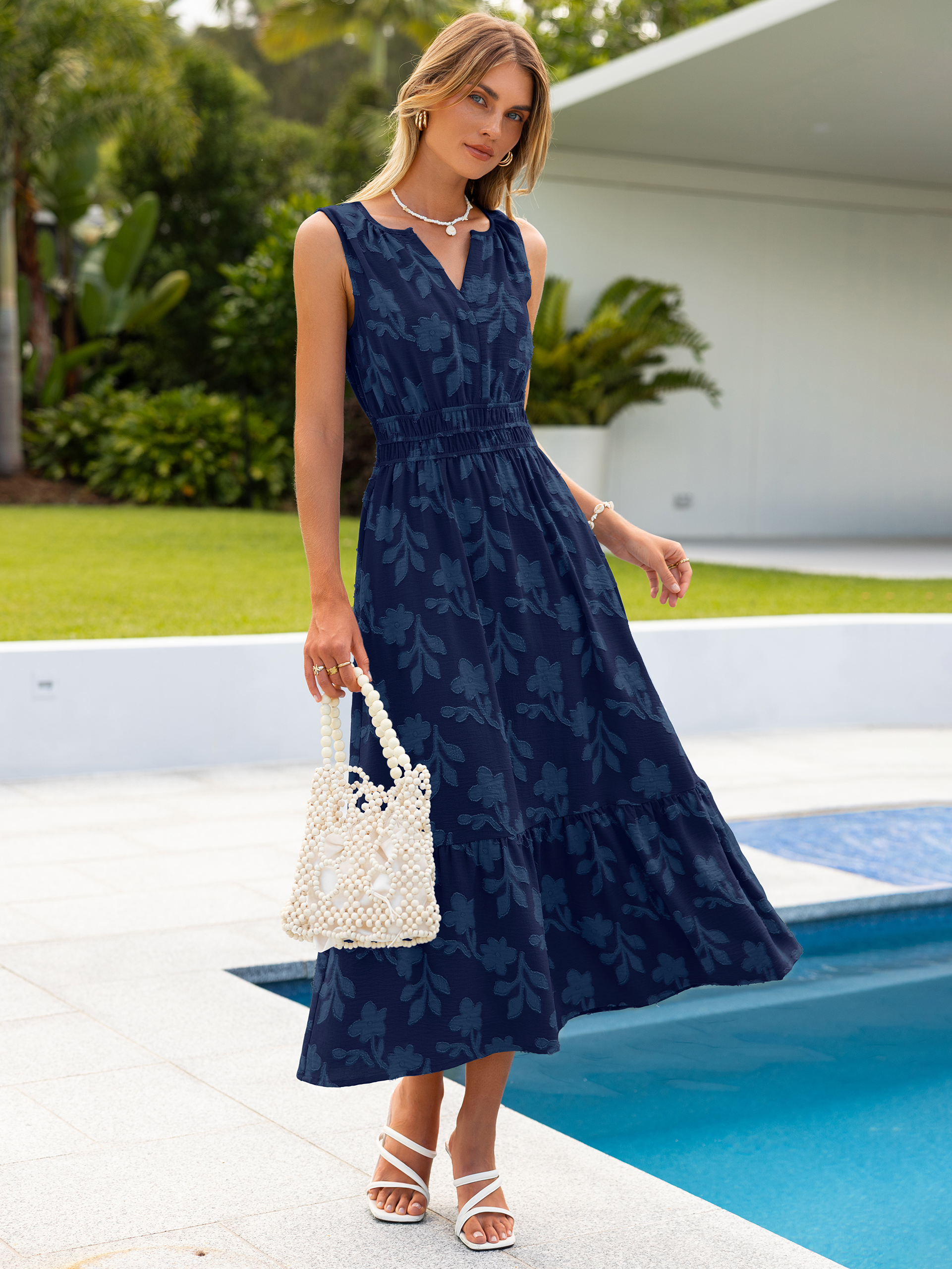 Floral Jacquard V Neck Sleeveless Maxi Dress