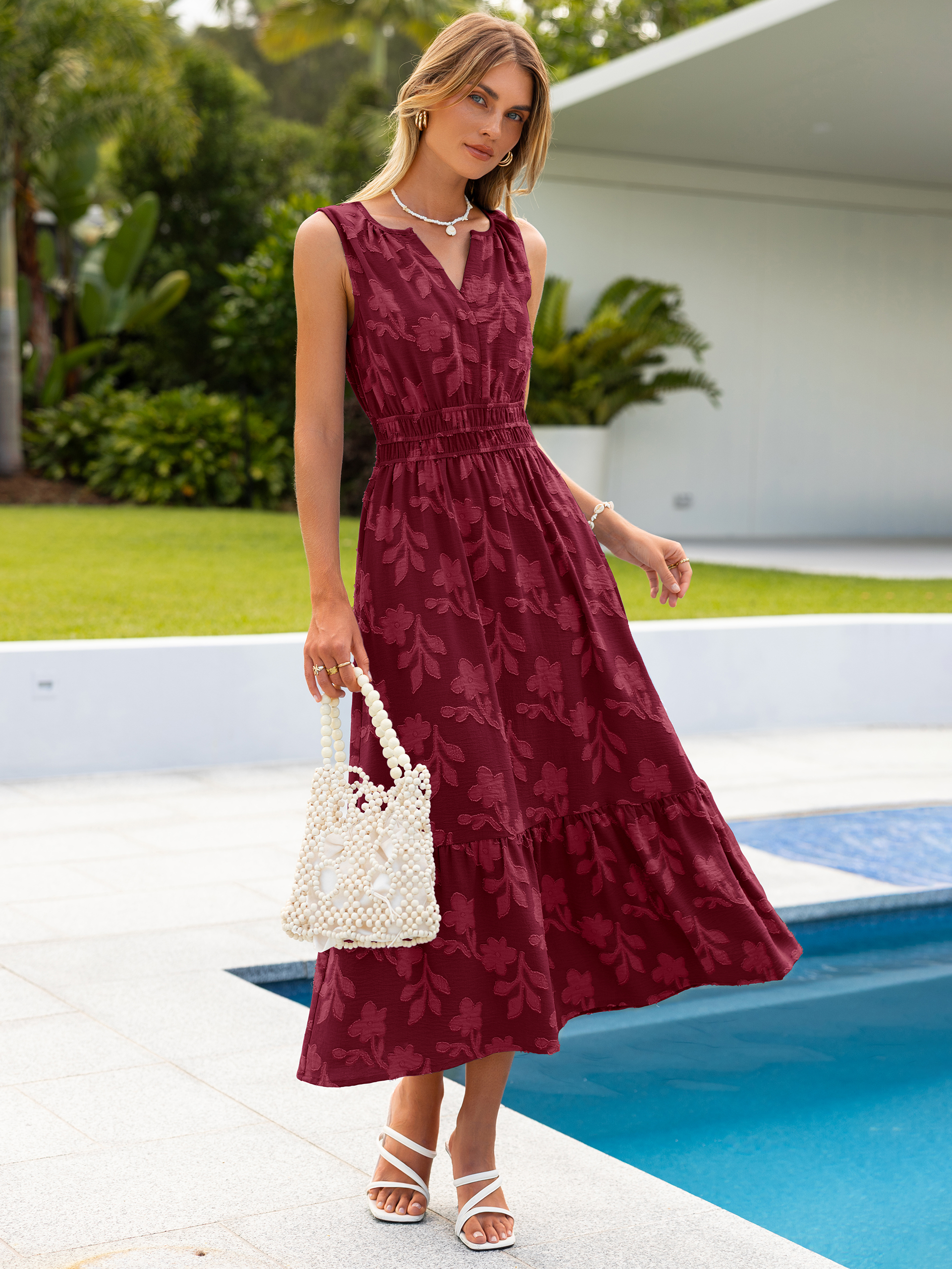 Floral Jacquard V Neck Sleeveless Maxi Dress