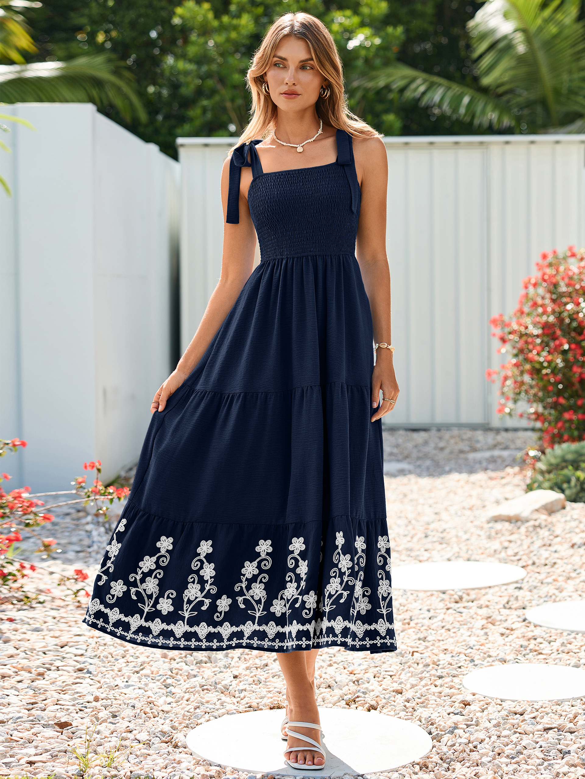 Floral Embroidery Smocked Tie Shoulder Maxi Dress