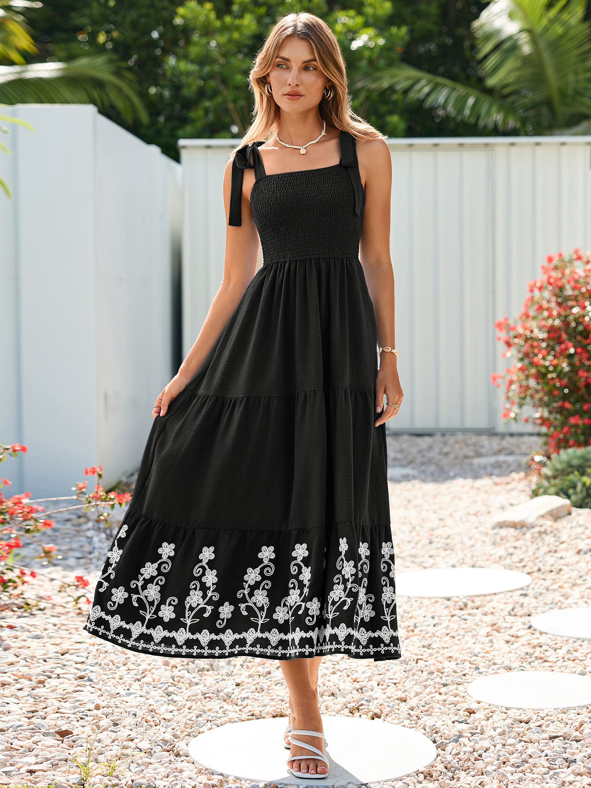 Floral Embroidery Smocked Tie Shoulder Maxi Dress