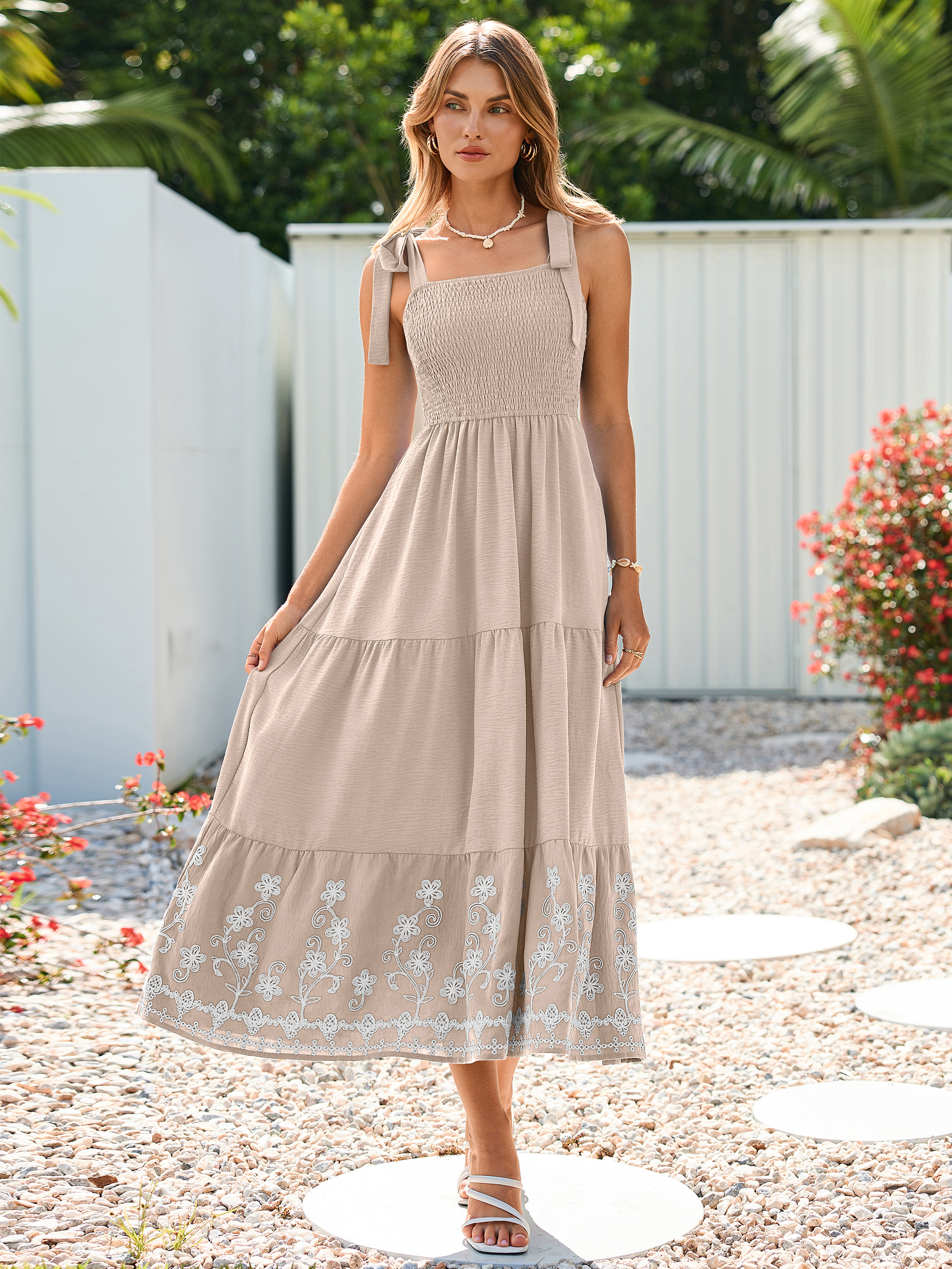 Floral Embroidery Smocked Tie Shoulder Maxi Dress