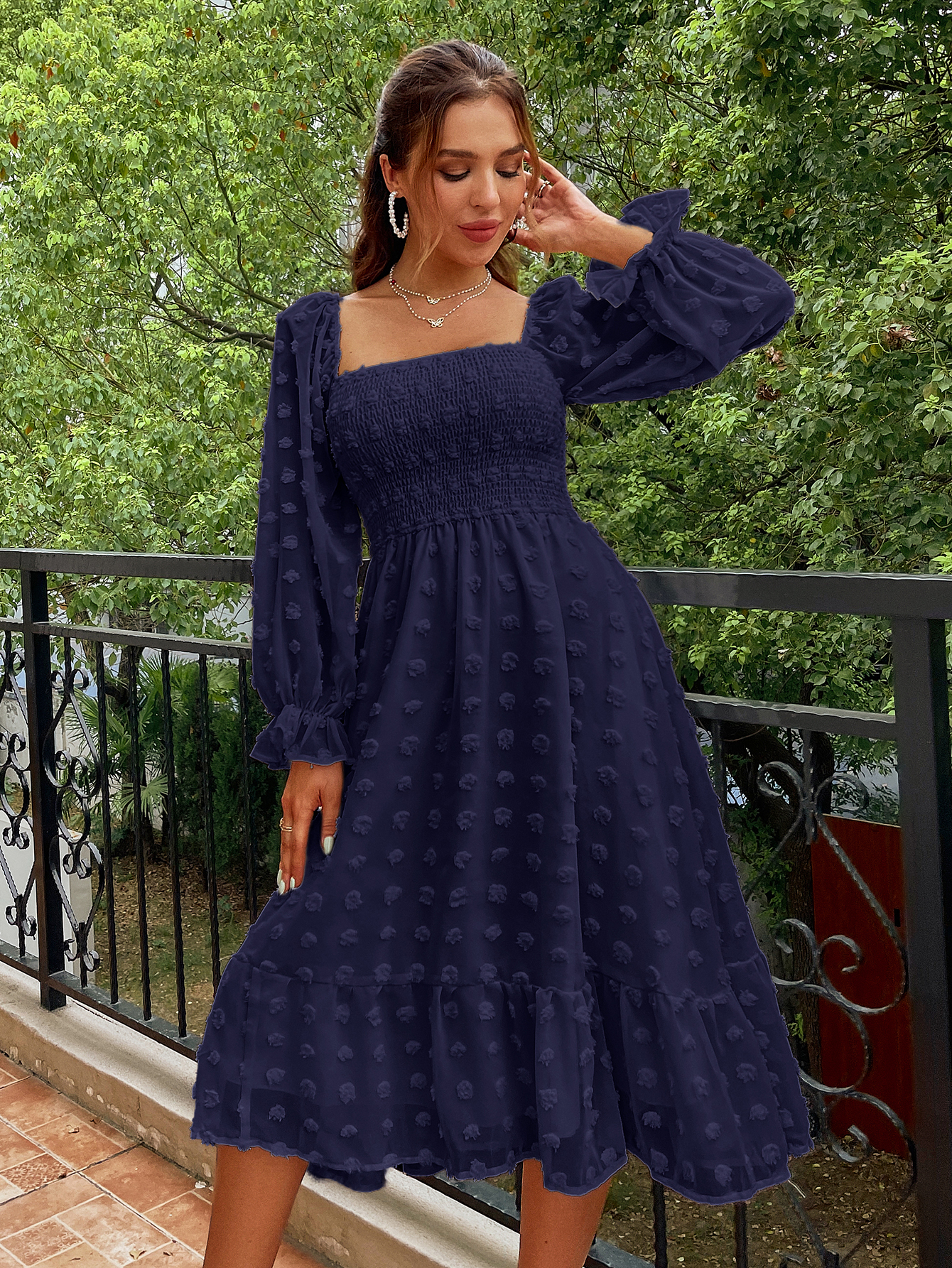 Square Neck Swiss Dot Long Sleeve Shirred Midi Dress - Navy Blue