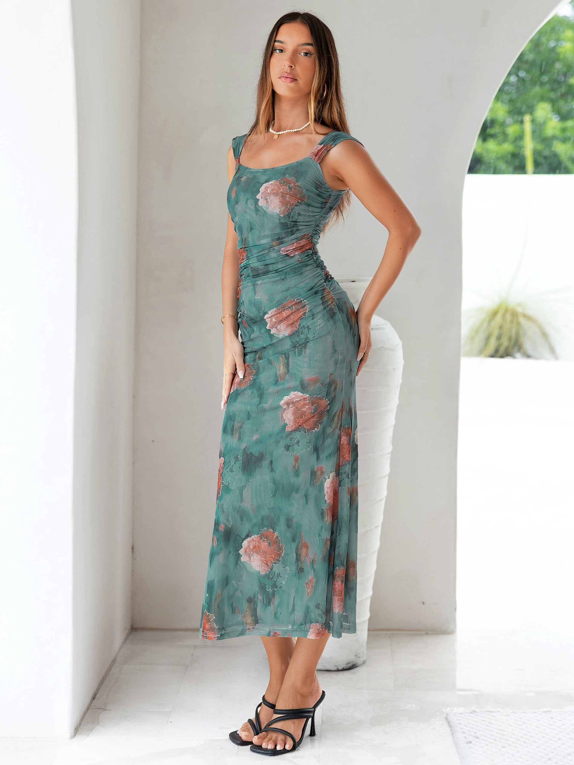 Floral Square Neck Ruched Mesh Bodycon Dress