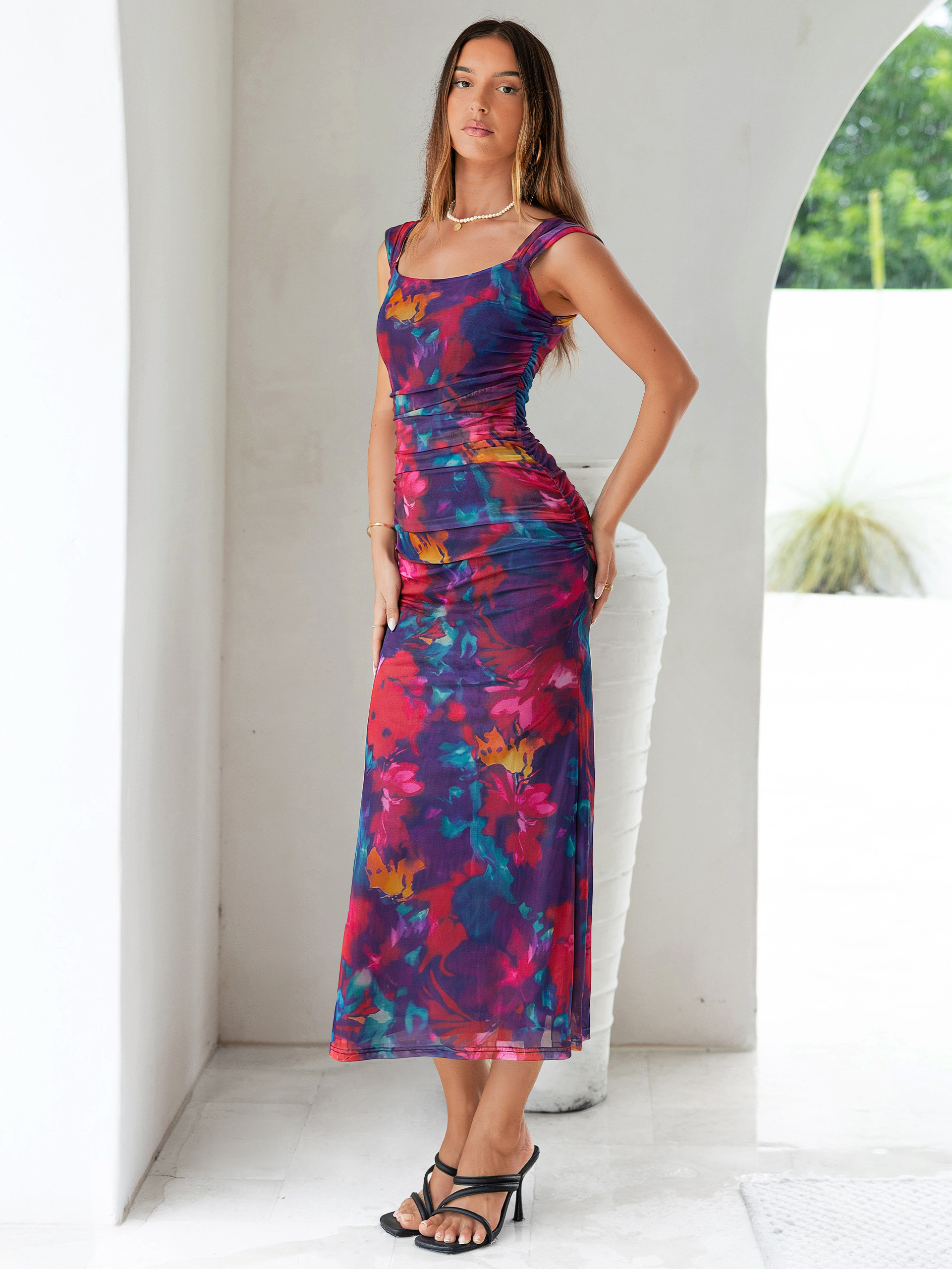 Floral Square Neck Ruched Mesh Bodycon Dress