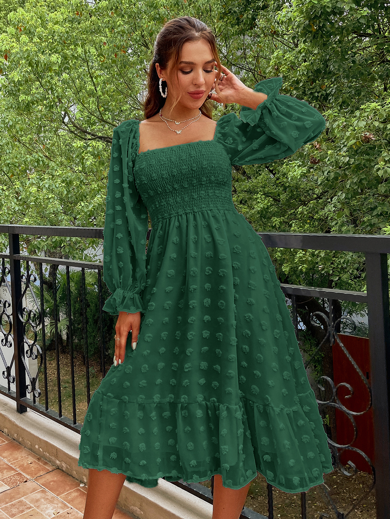 Square Neck Swiss Dot Long Sleeve Shirred Midi Dress - Dark Green
