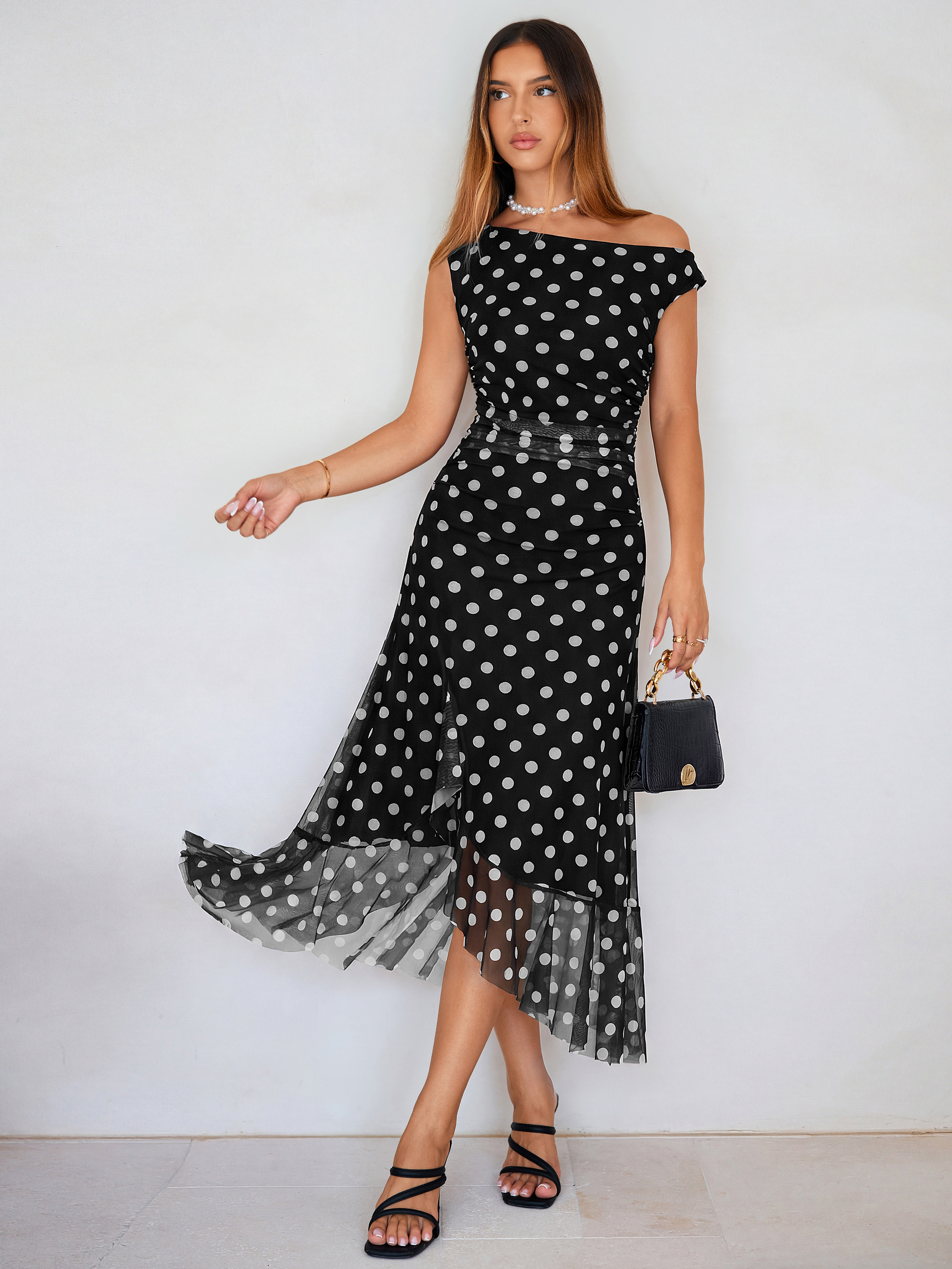 One-Shoulder Polka Dot Ruffle Midi Dress - Black White Polka Dot