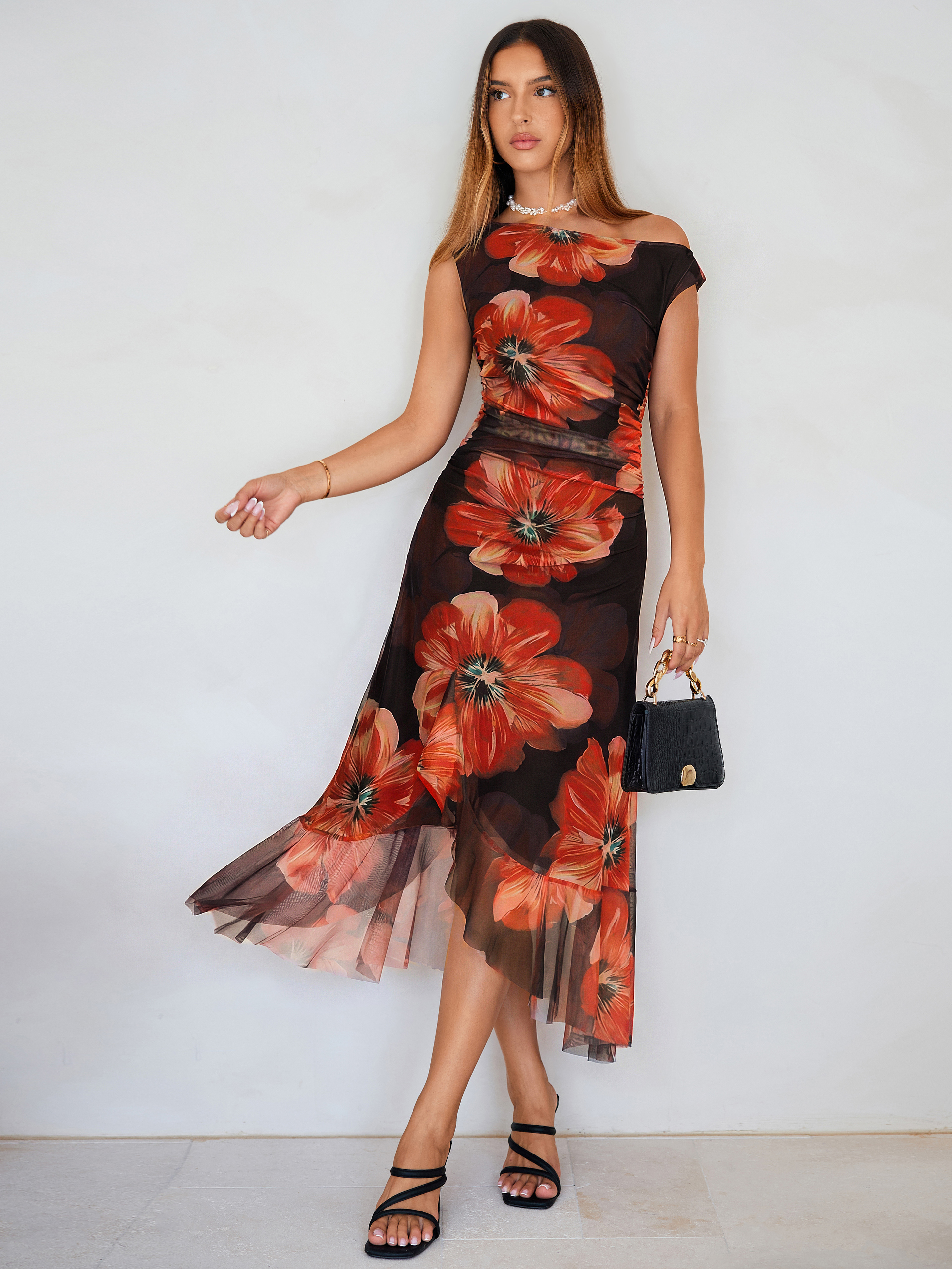 Floral One-Shoulder Mesh Ruched Midi Dress