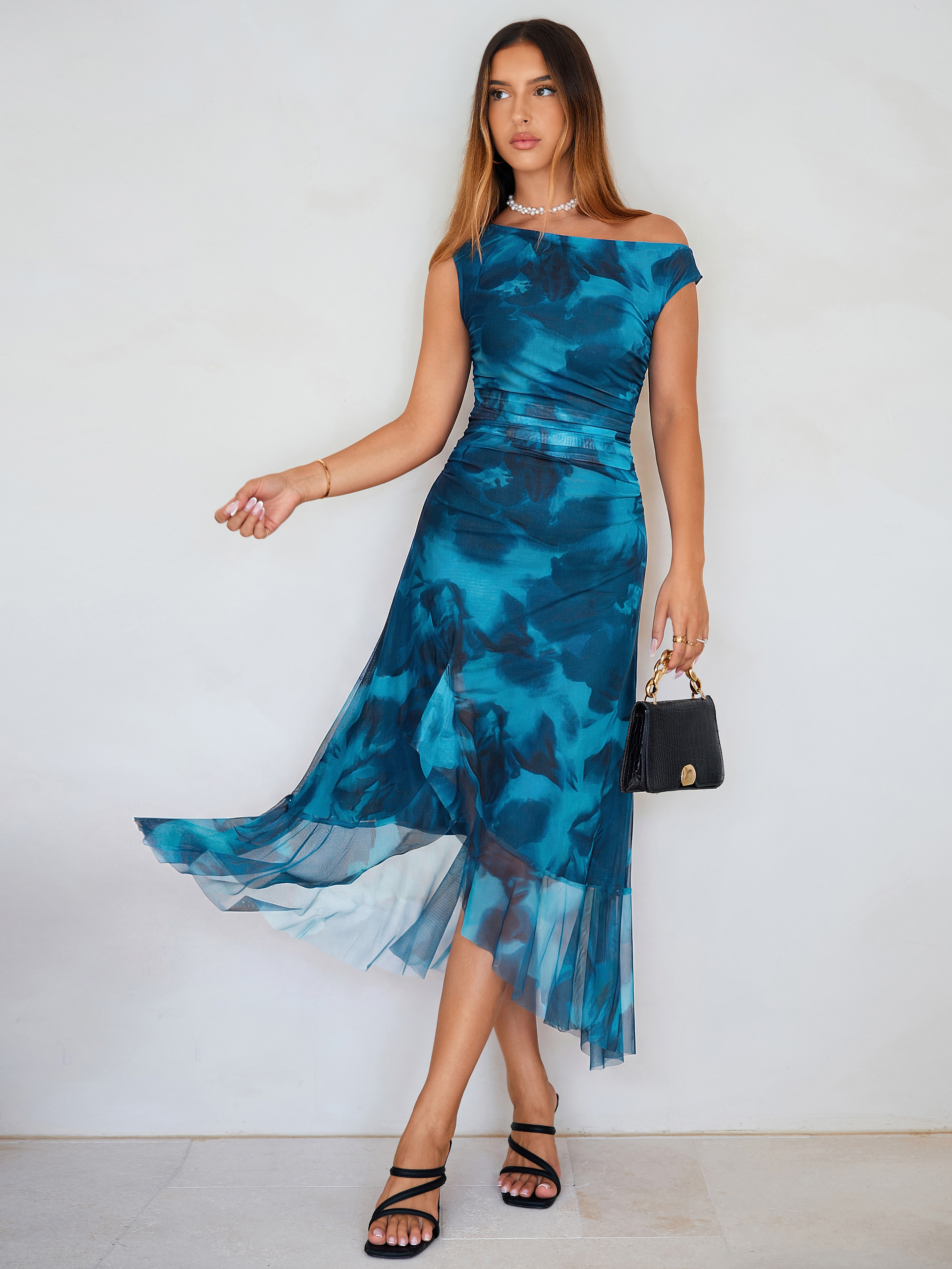 Floral One-Shoulder Mesh Ruched Midi Dress