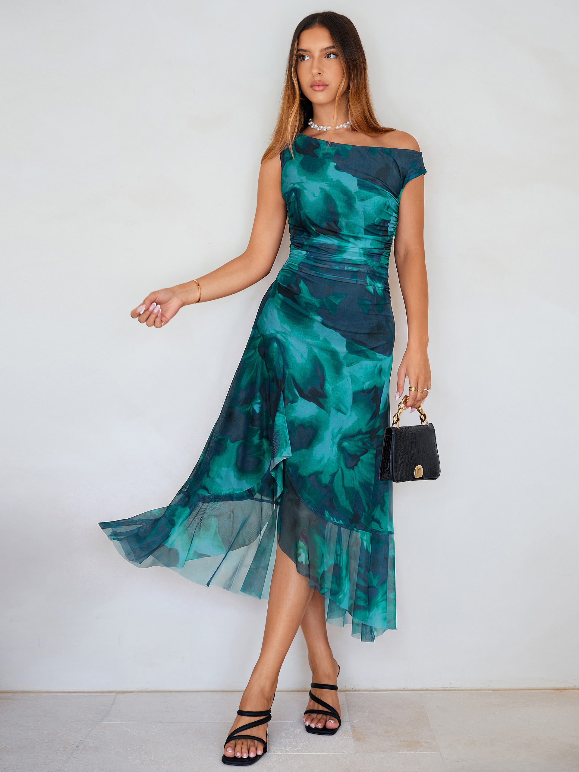 Floral One-Shoulder Mesh Ruched Midi Dress