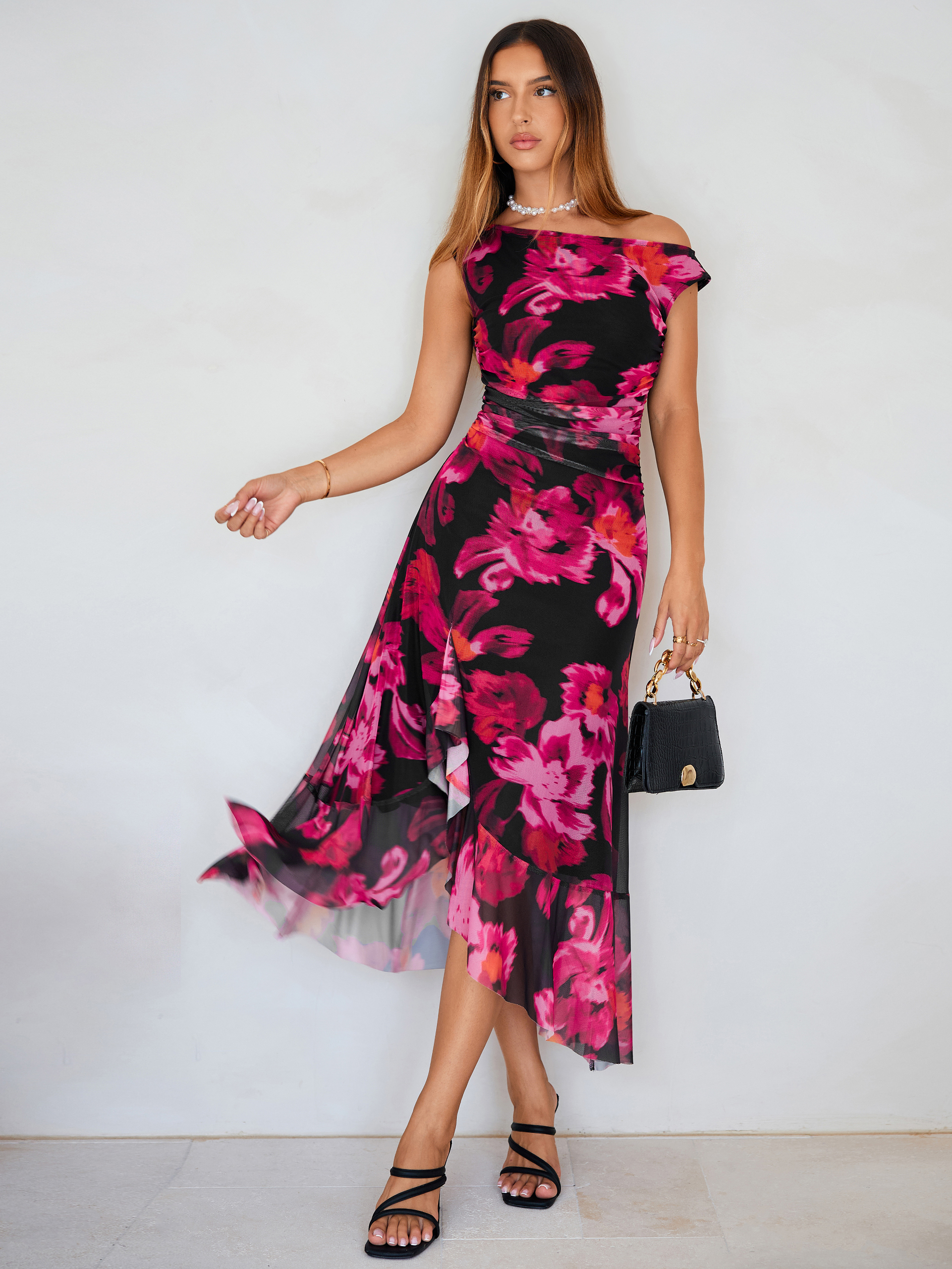 Floral One-Shoulder Mesh Ruched Midi Dress
