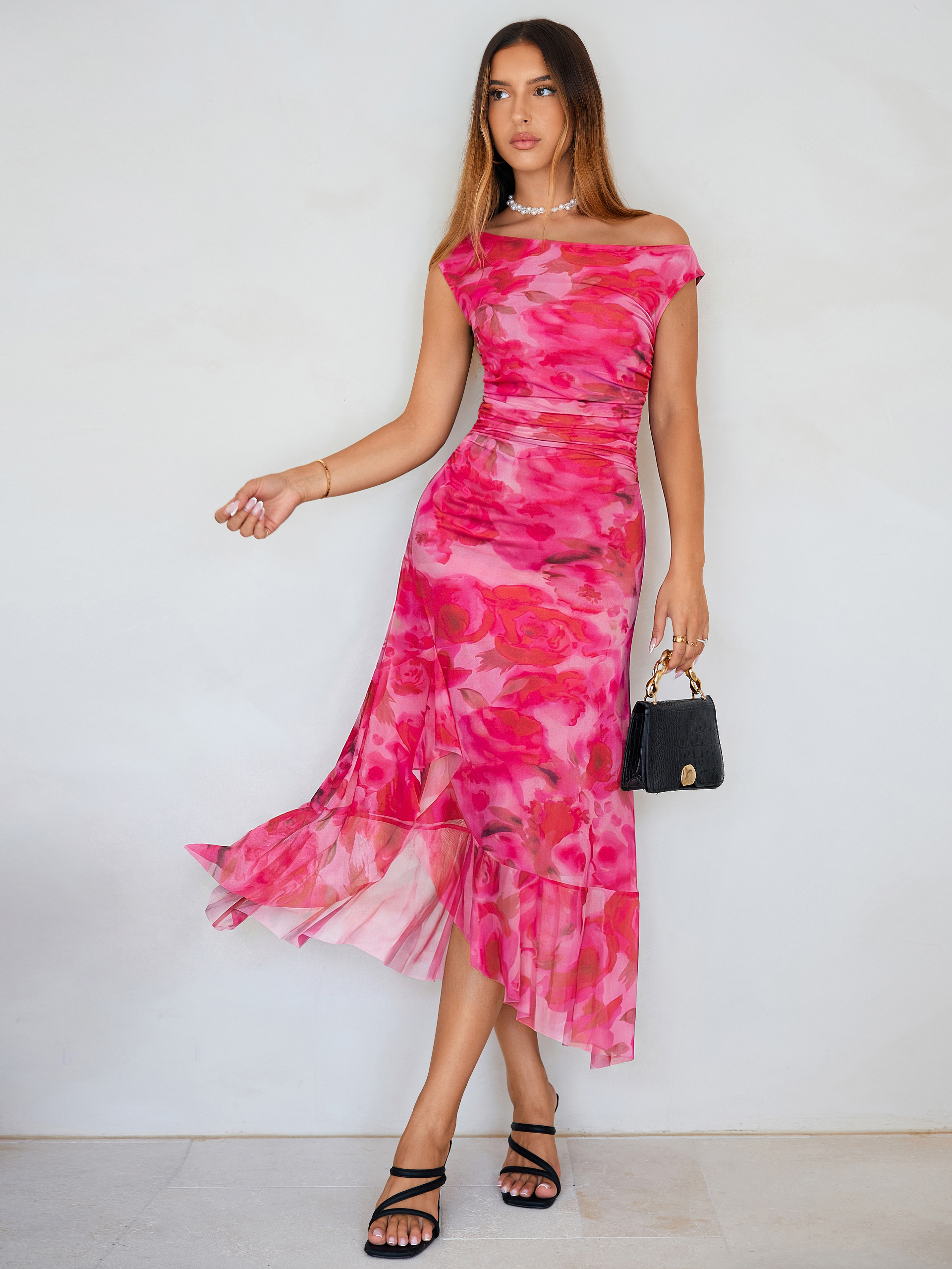 Floral One-Shoulder Mesh Ruched Midi Dress