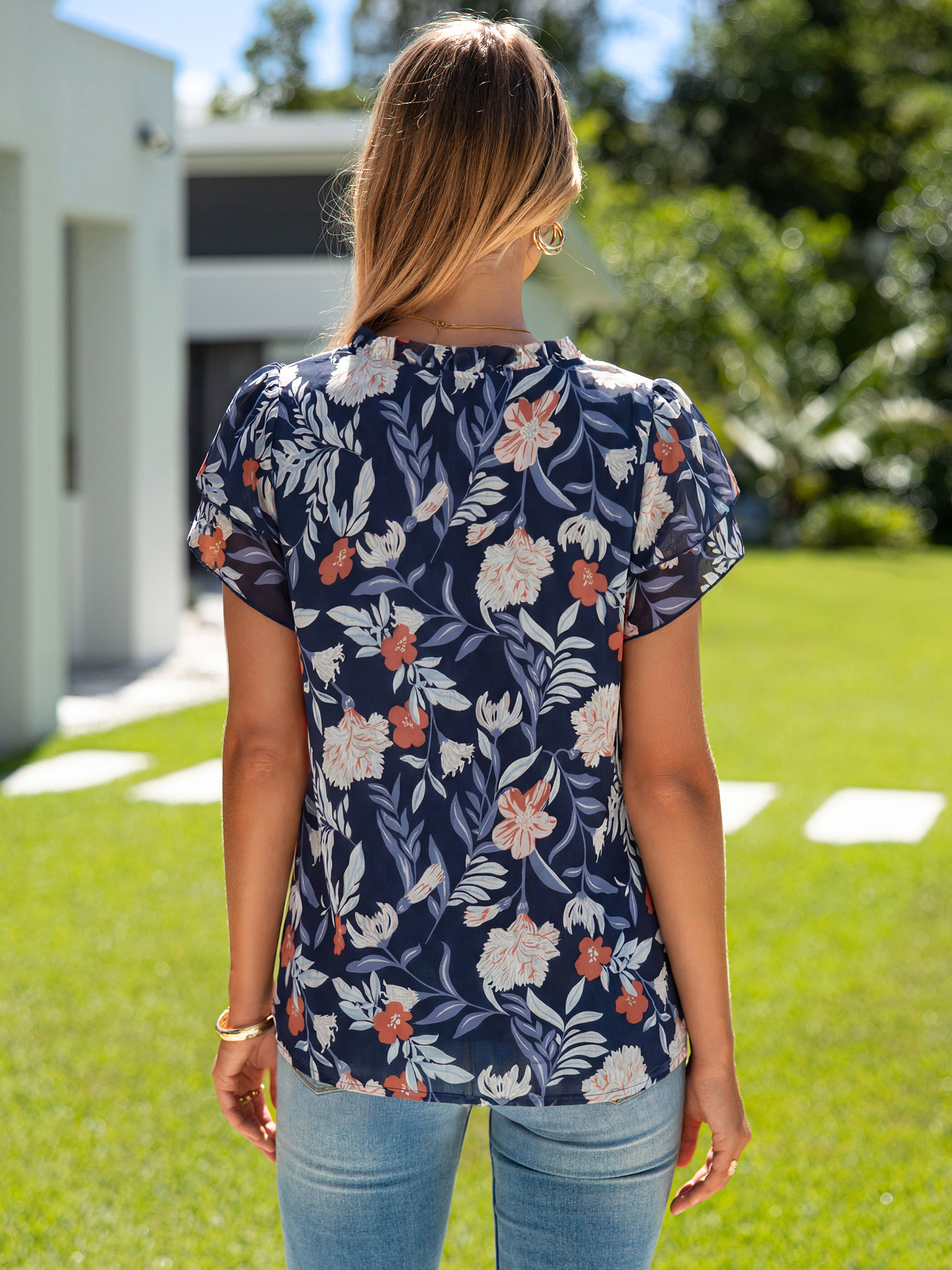 Floral V Neck Ruffle Petal Sleeve Chiffon Top