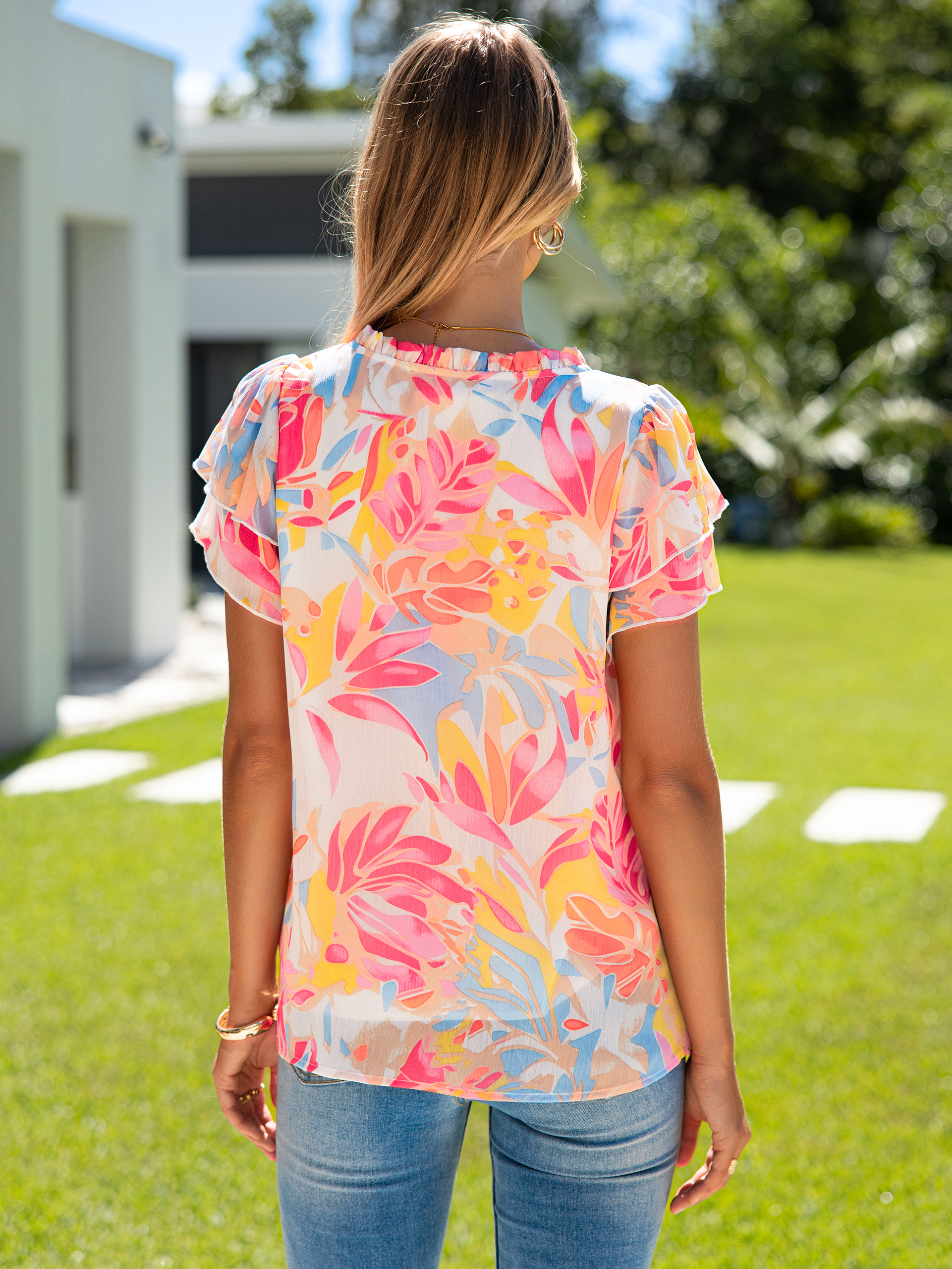 Floral V Neck Ruffle Petal Sleeve Chiffon Top