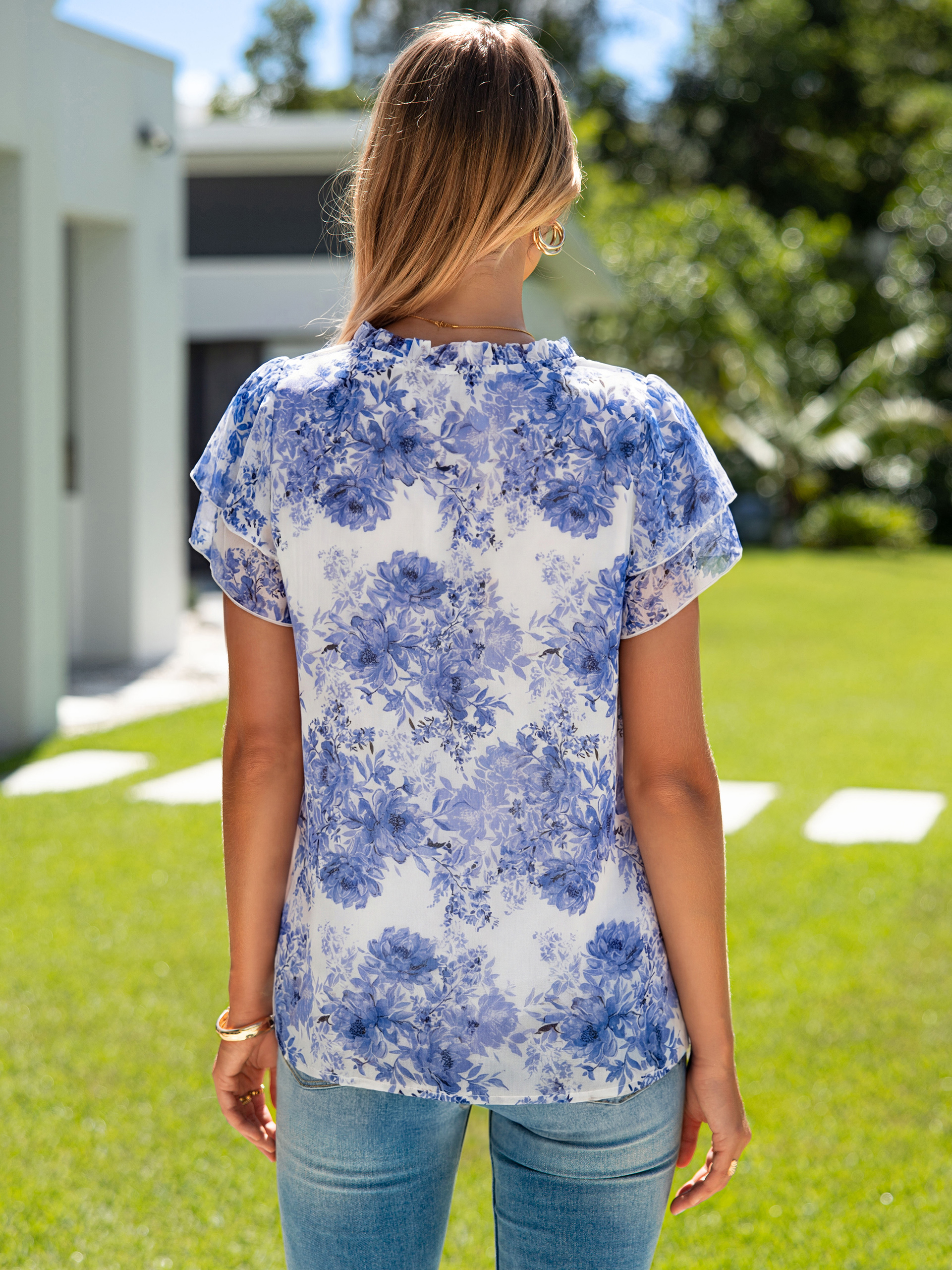 Floral V Neck Ruffle Petal Sleeve Chiffon Top