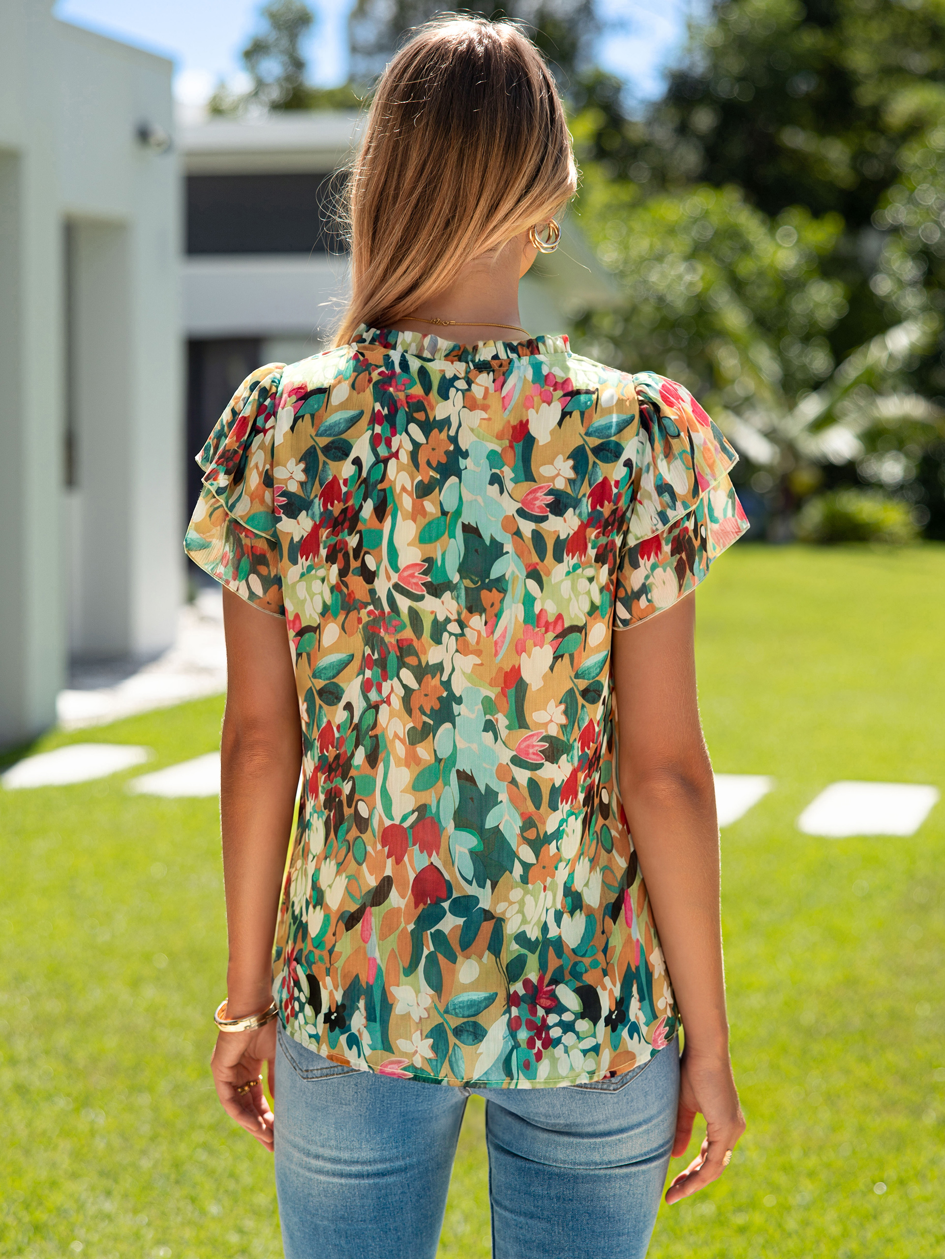 Floral V Neck Ruffle Petal Sleeve Chiffon Top