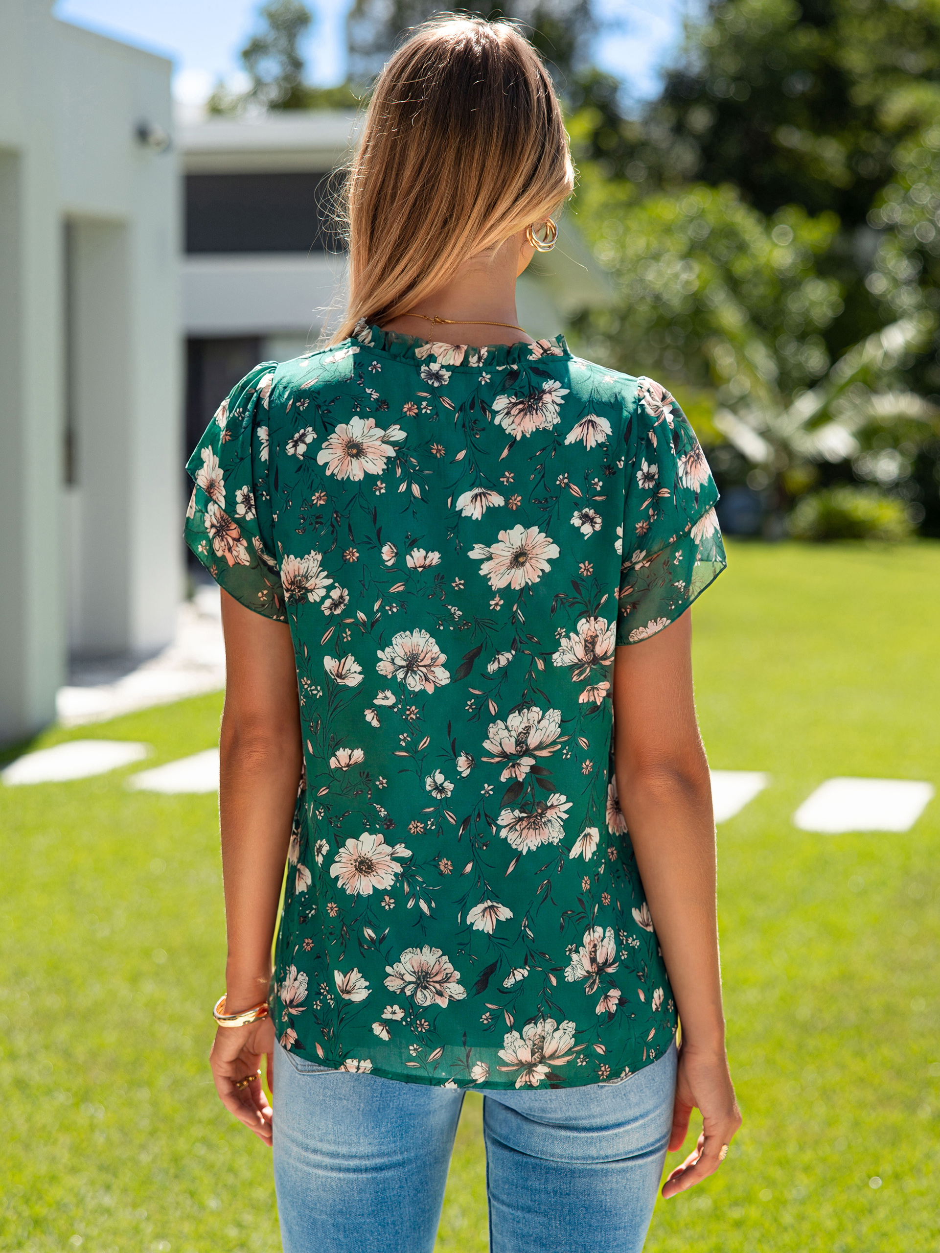 Floral V Neck Ruffle Petal Sleeve Chiffon Top