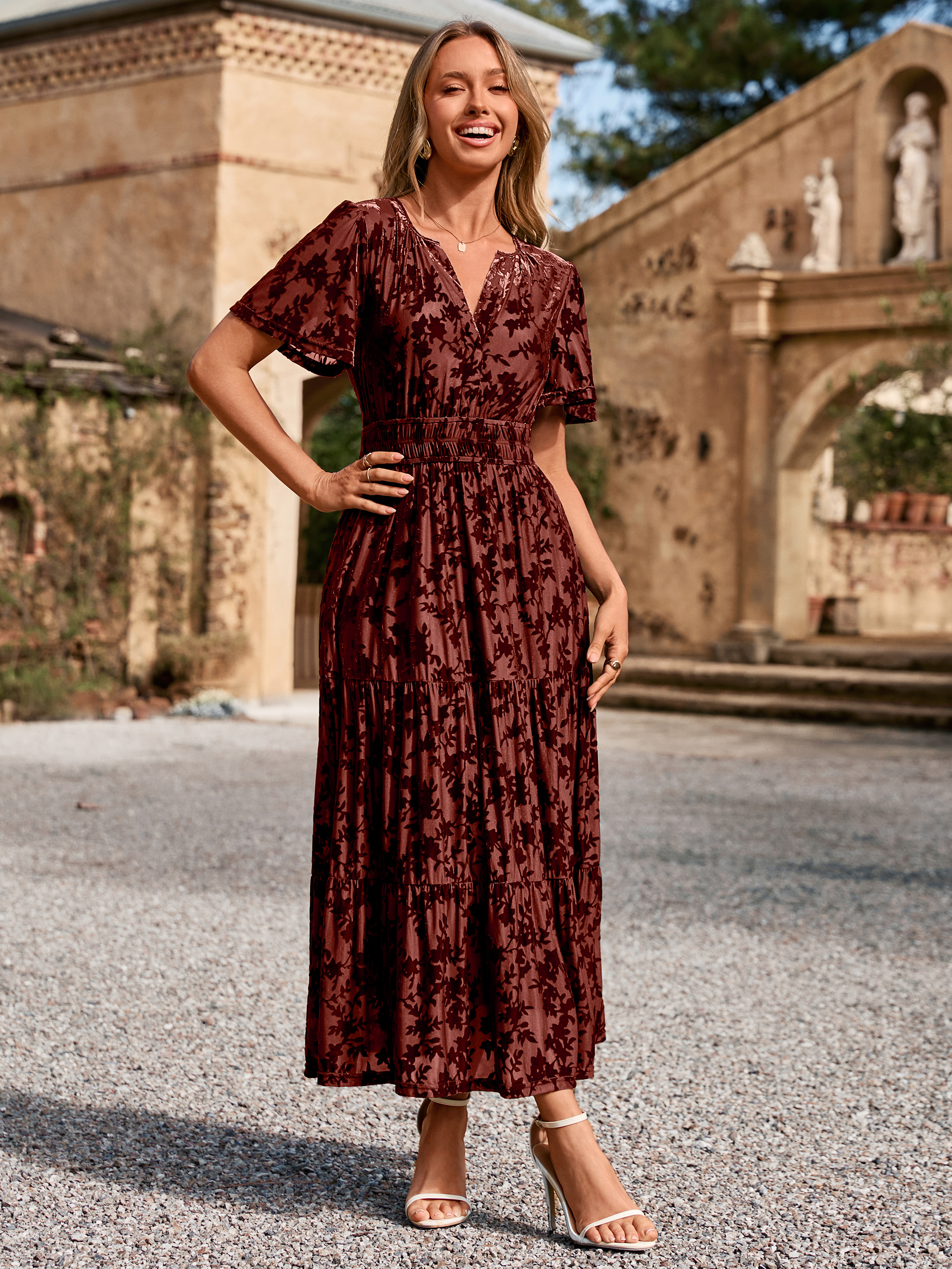 Velvet Print V-Neck Empire Tiered Ruffle Maxi Dress