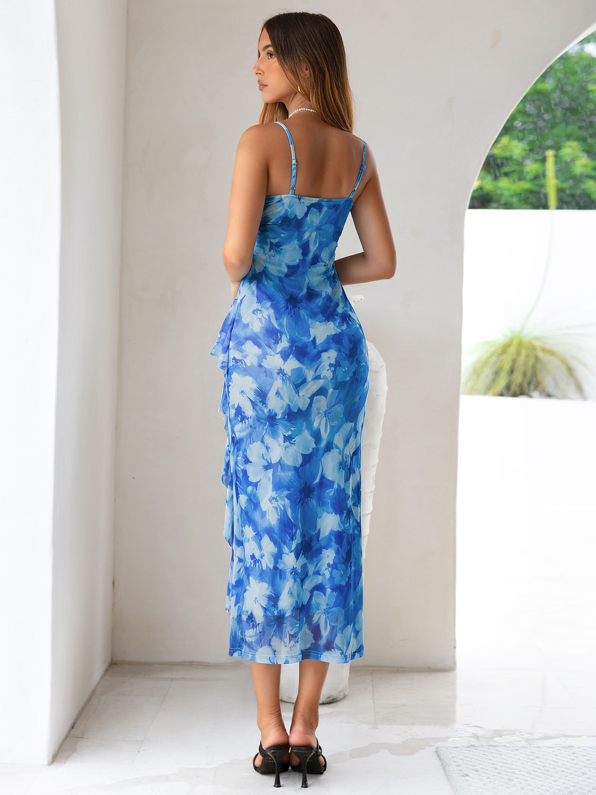 Floral V Neck Ruffle Mesh Maxi Dress with Slit