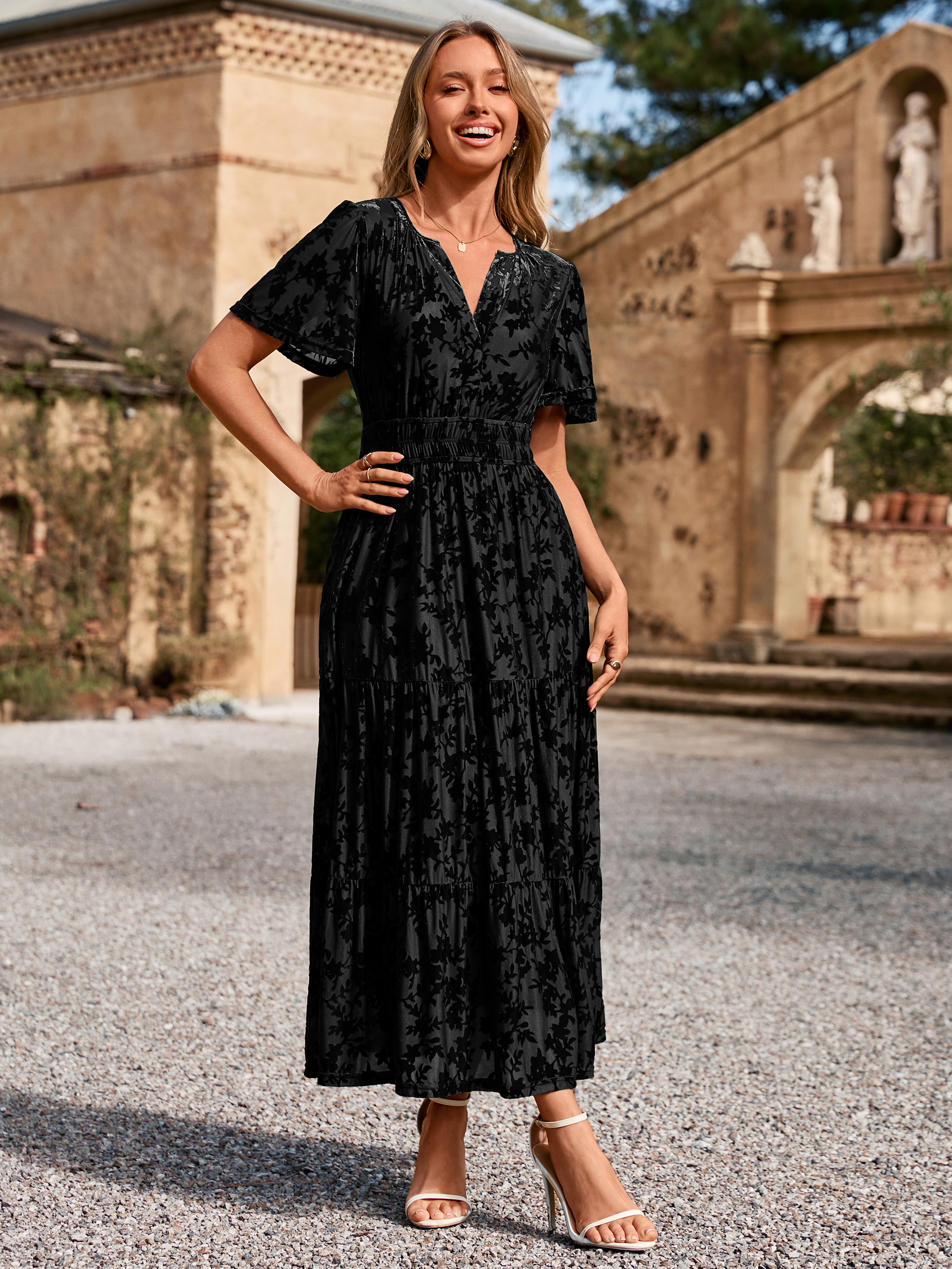 Velvet Print V-Neck Empire Tiered Ruffle Maxi Dress