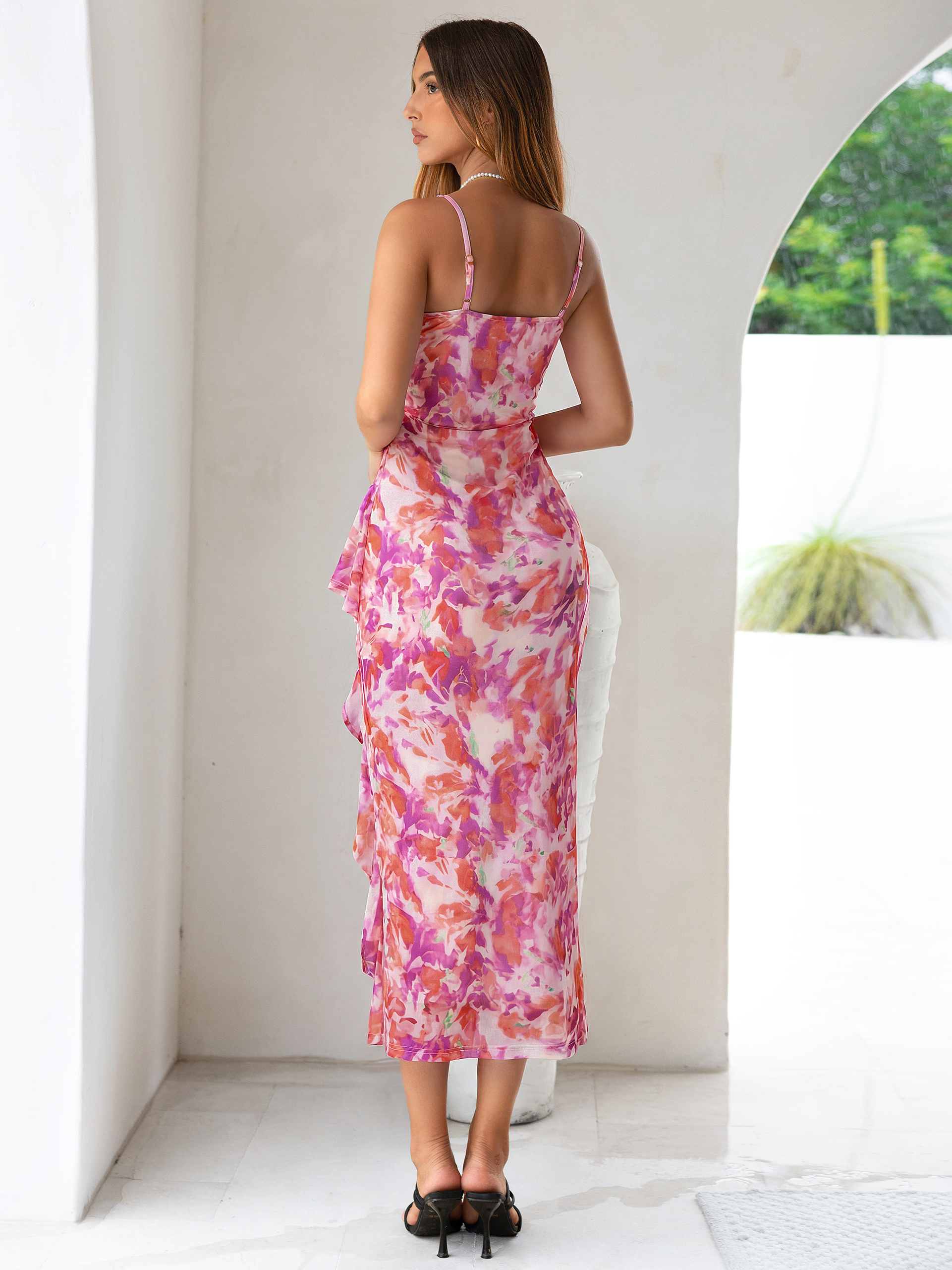 Floral V Neck Ruffle Mesh Maxi Dress with Slit