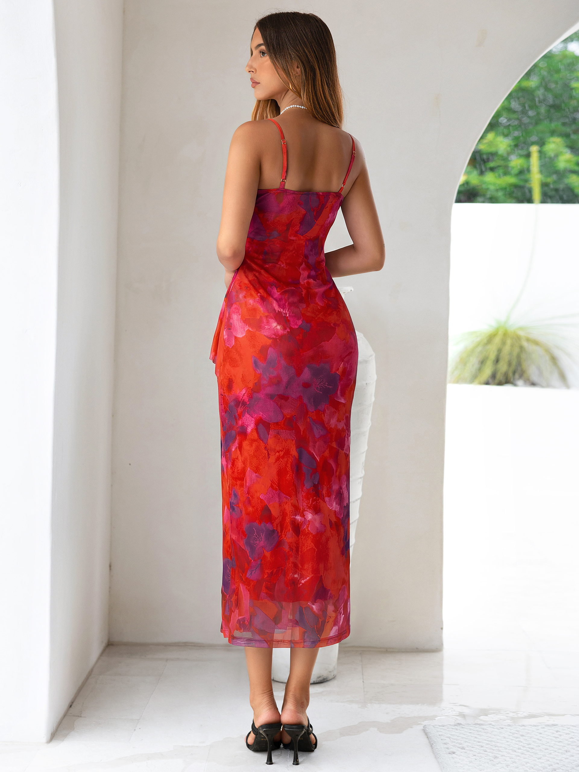 Floral V Neck Ruffle Mesh Maxi Dress with Slit