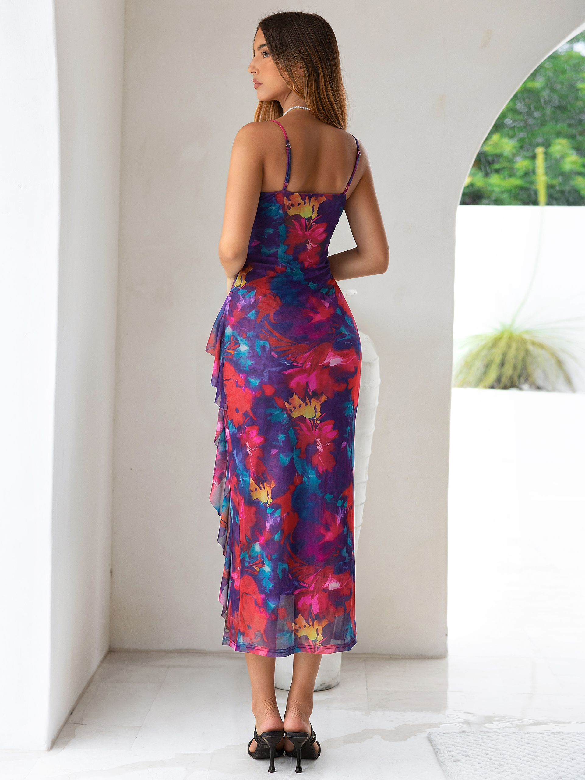 Floral V Neck Ruffle Mesh Maxi Dress with Slit