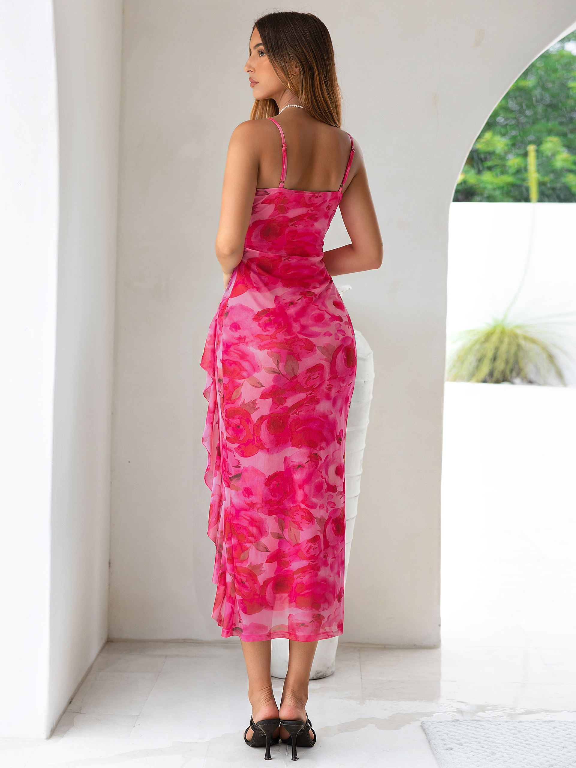 Floral V Neck Ruffle Mesh Maxi Dress with Slit