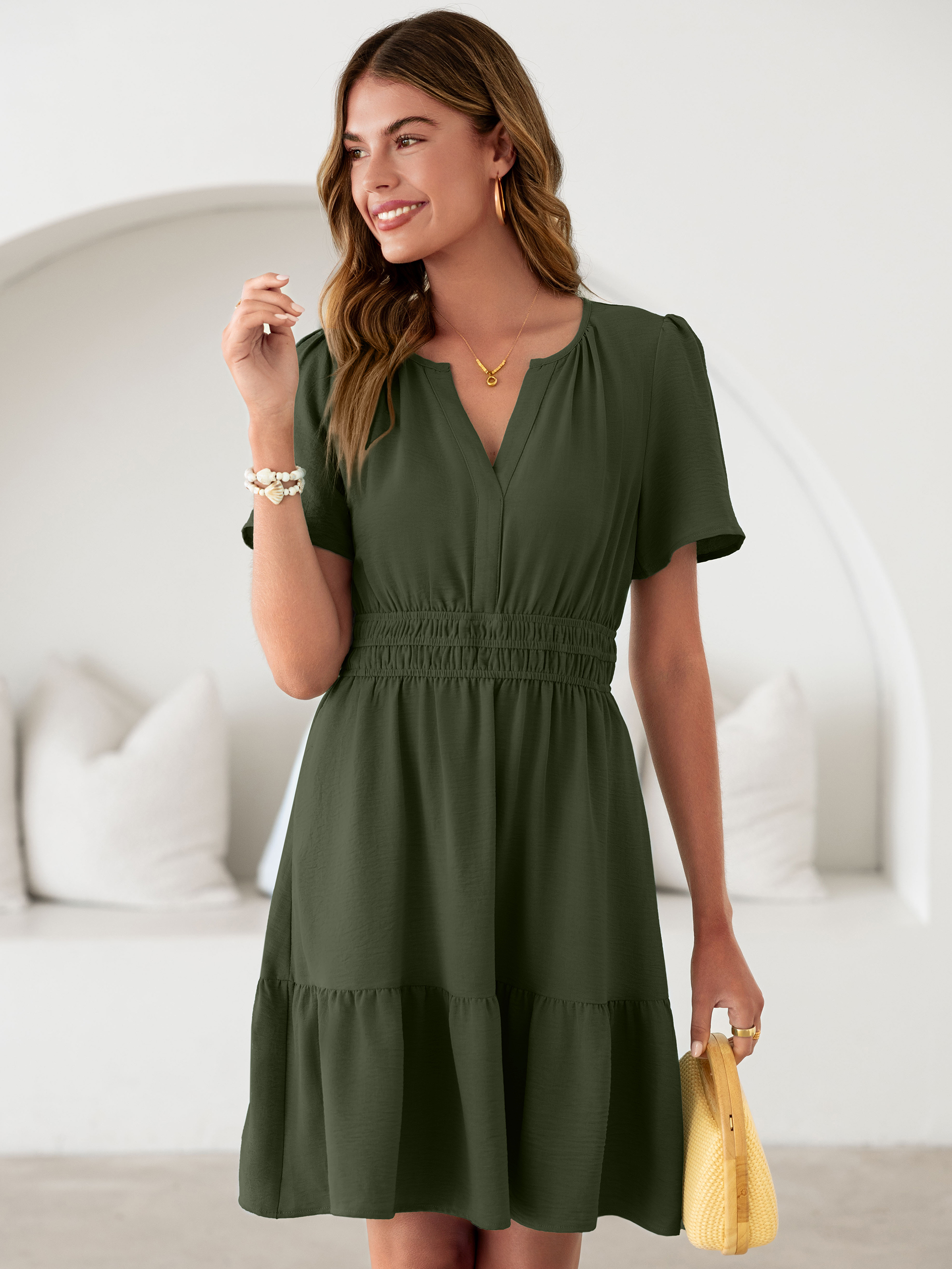 V Neck Smocked Waist Ruffle Hem Mini Dress