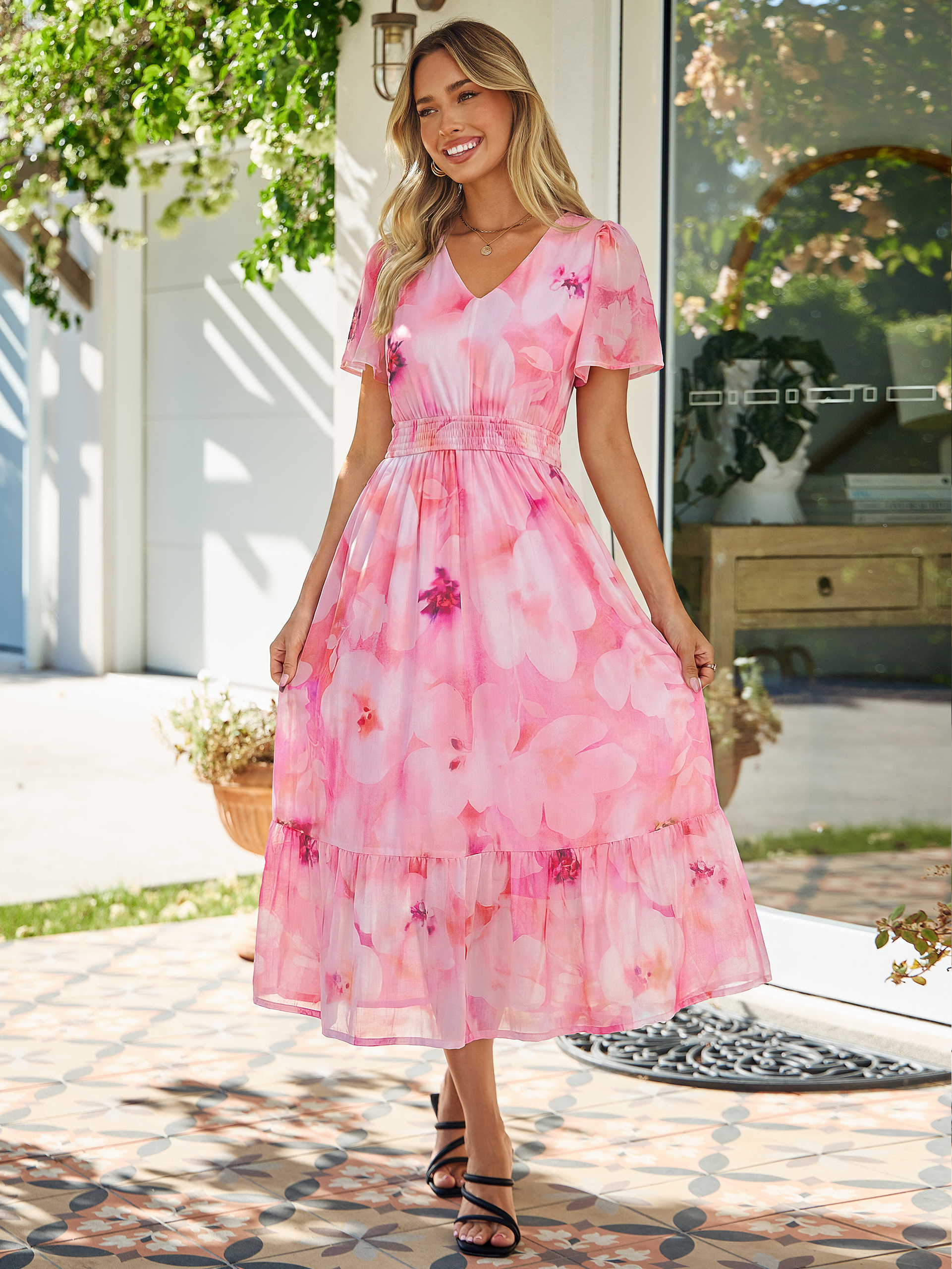Floral V-Neck Wedding Guest Maxi Dress