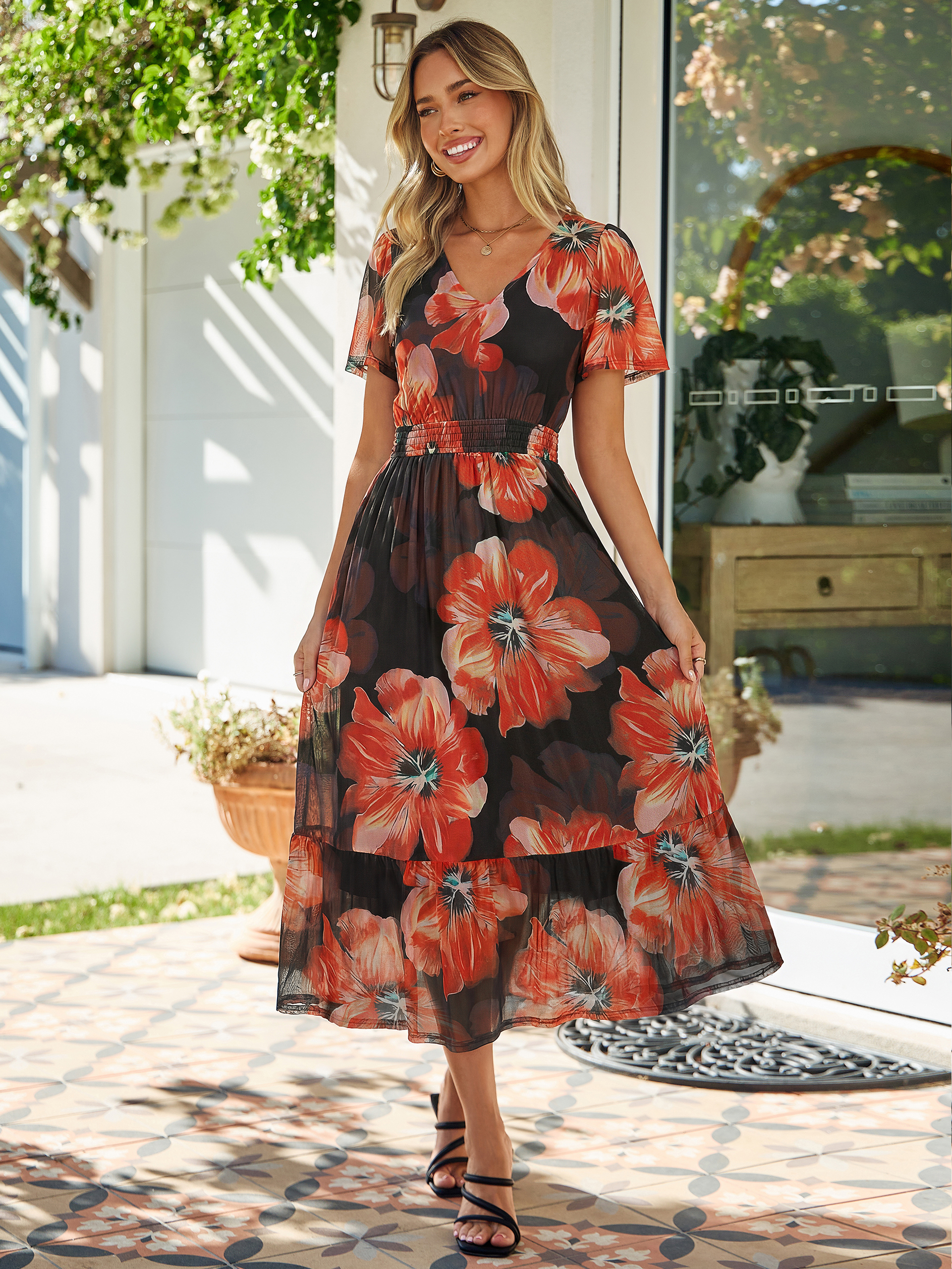 Floral V-Neck Wedding Guest Maxi Dress