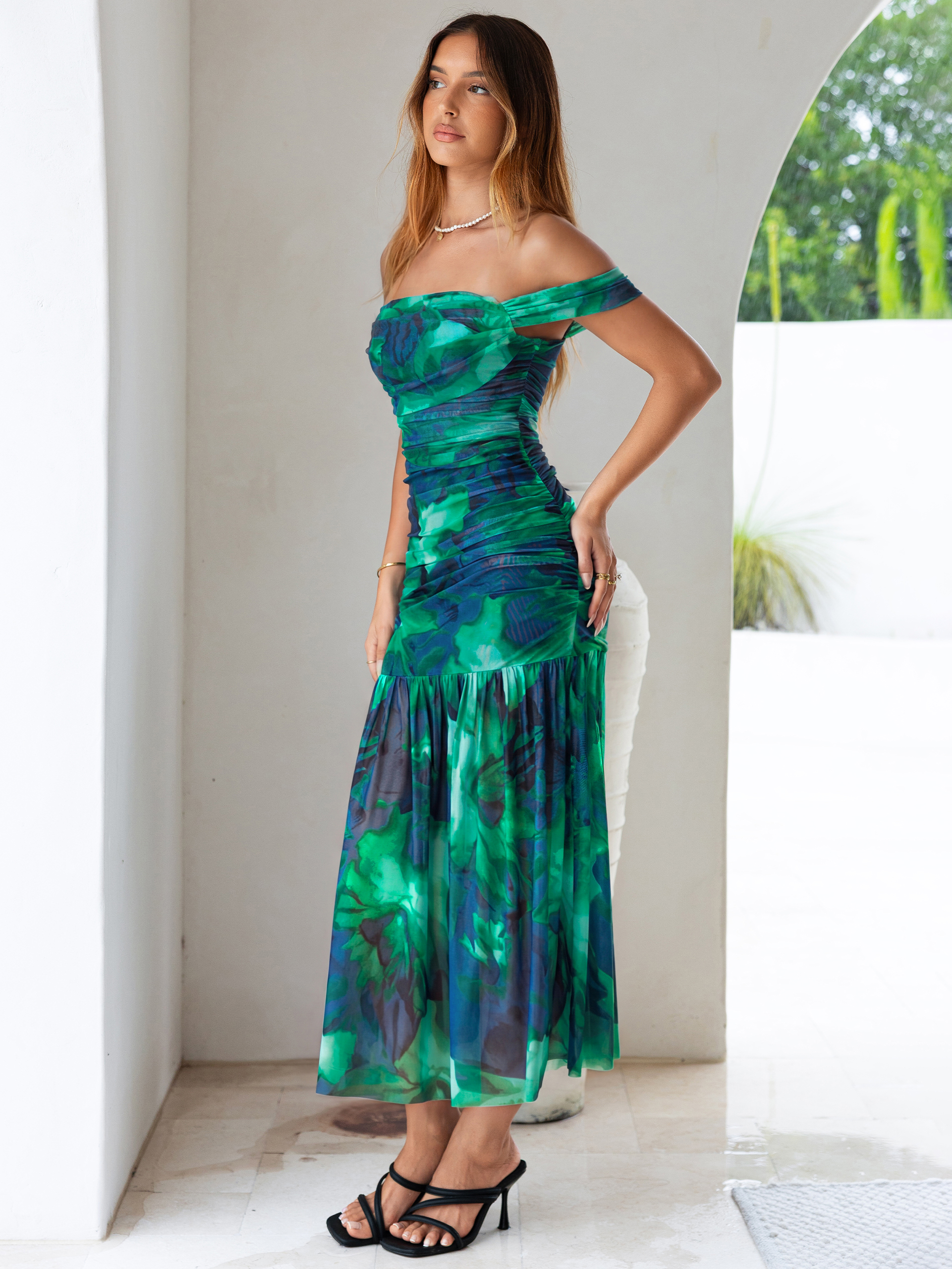 Floral Off Shoulder Ruched Mesh Maxi Dress