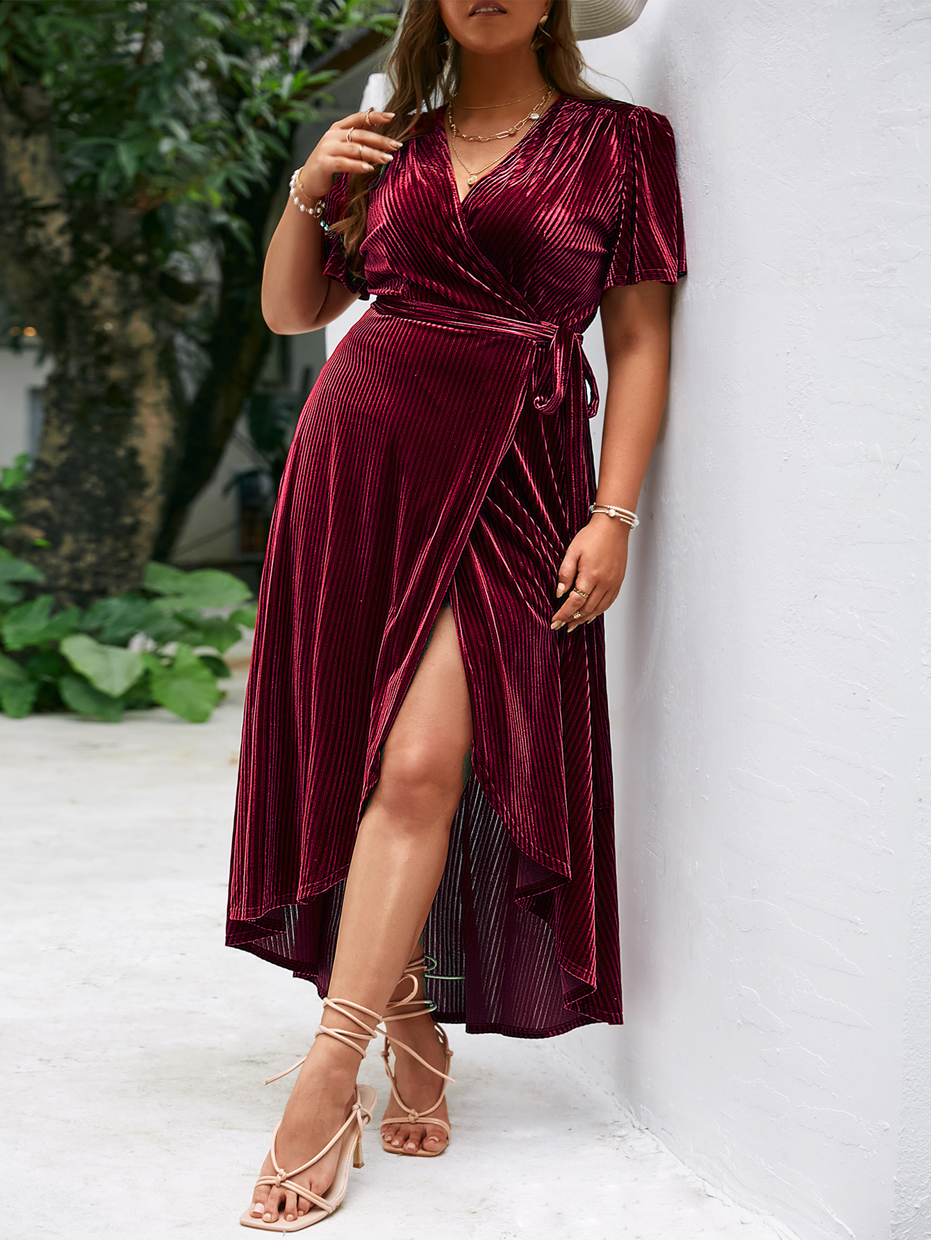 Plus Size Velvet V Neck Short Sleeve Wrap Maxi Dress