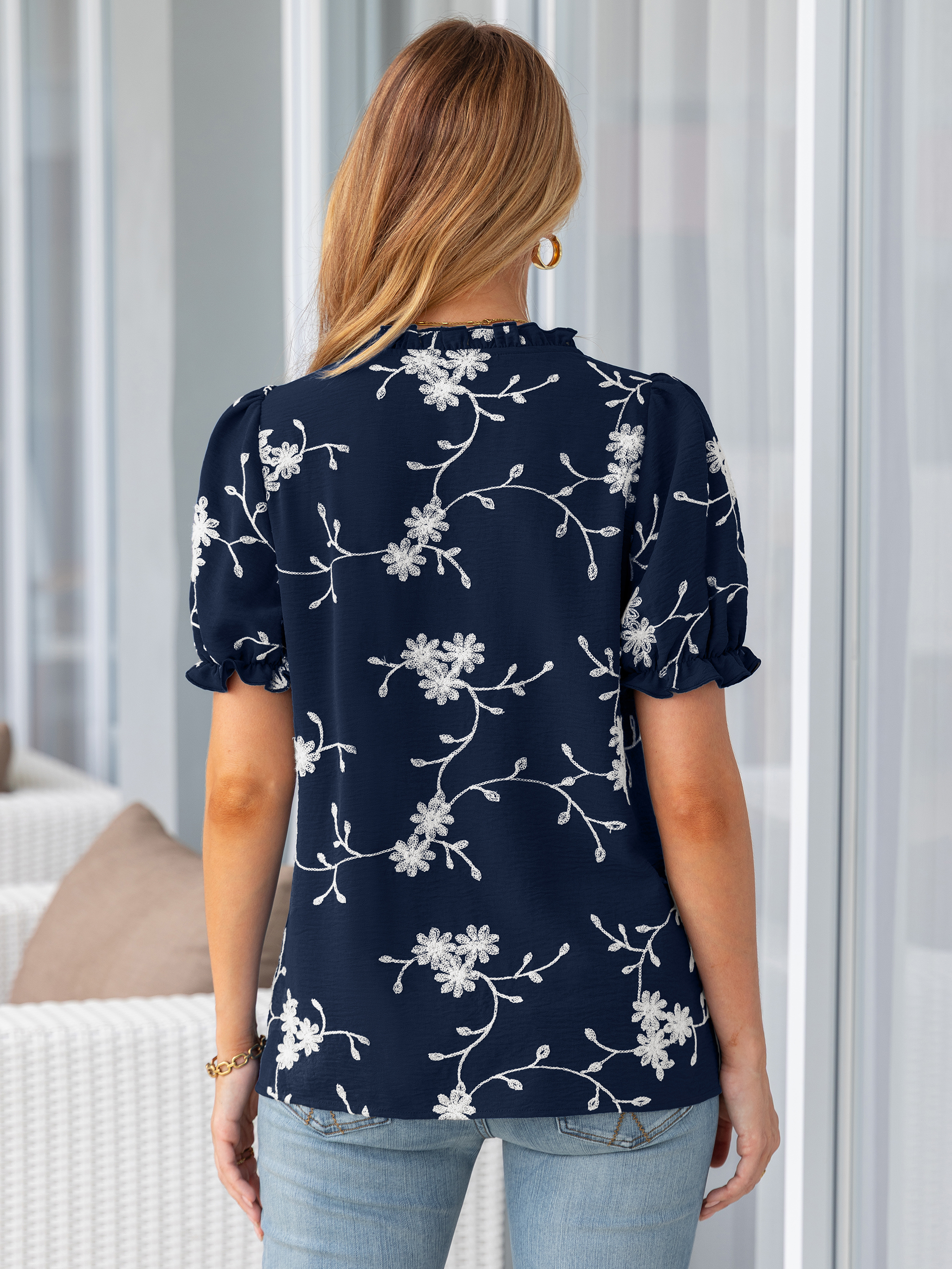 Floral Embroidered Ruffle V-Neck Puff Sleeve Top