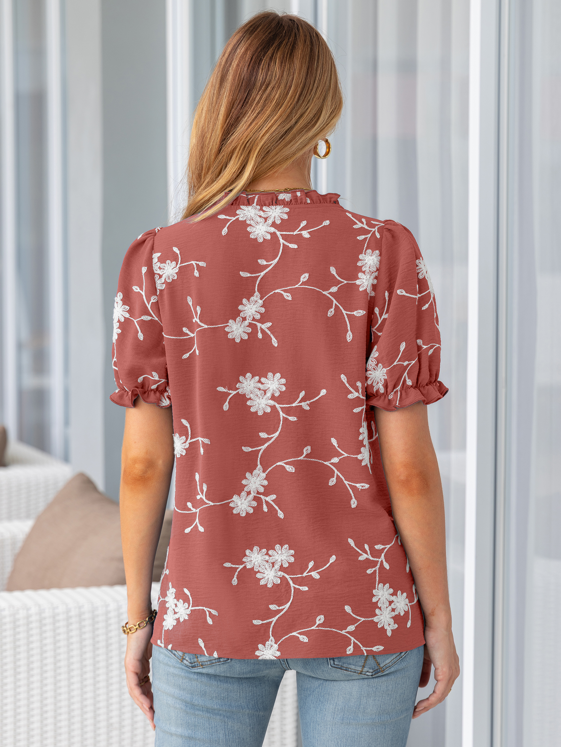 Floral Embroidered Ruffle V-Neck Puff Sleeve Top