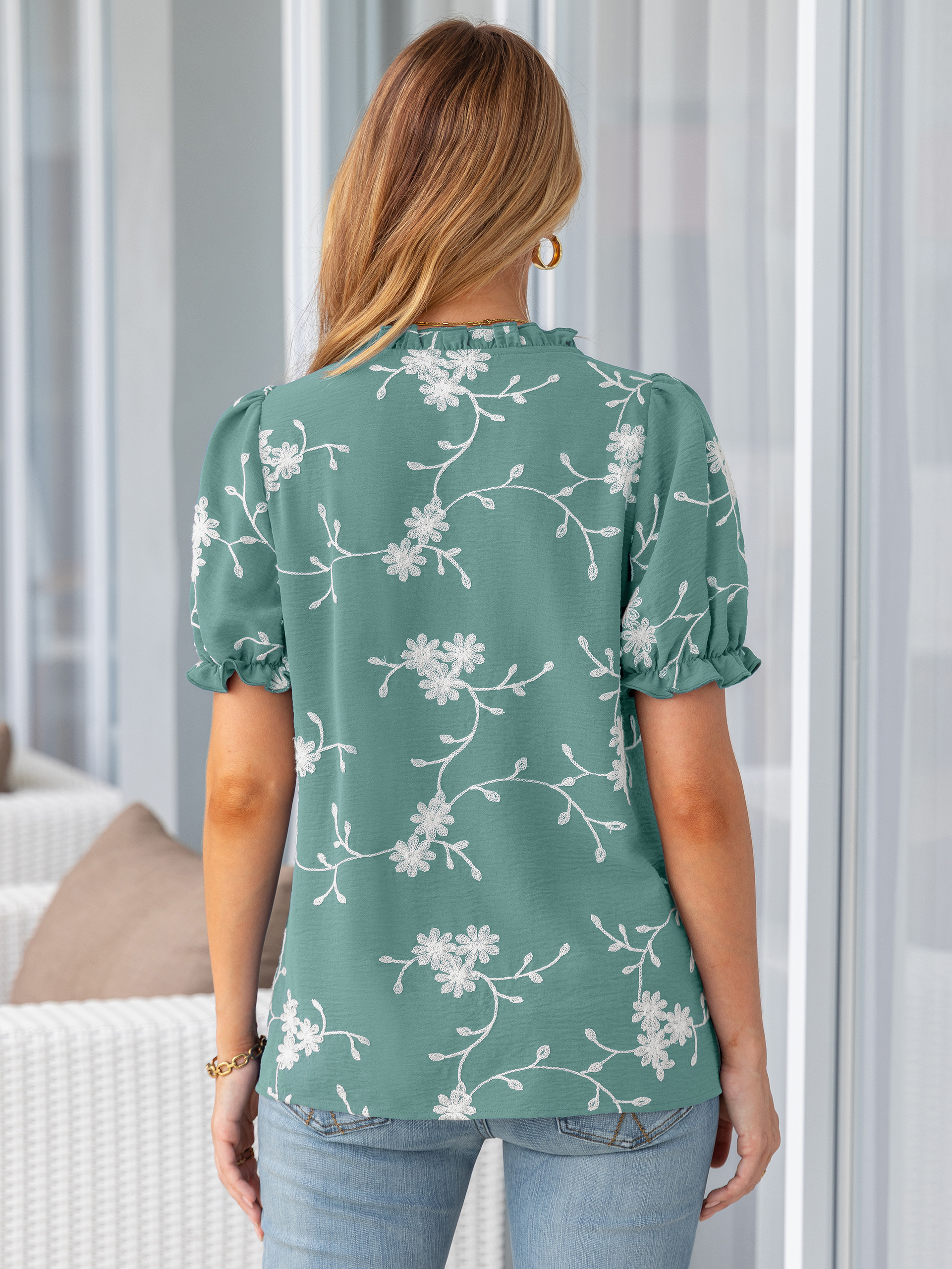 Floral Embroidered Ruffle V-Neck Puff Sleeve Top