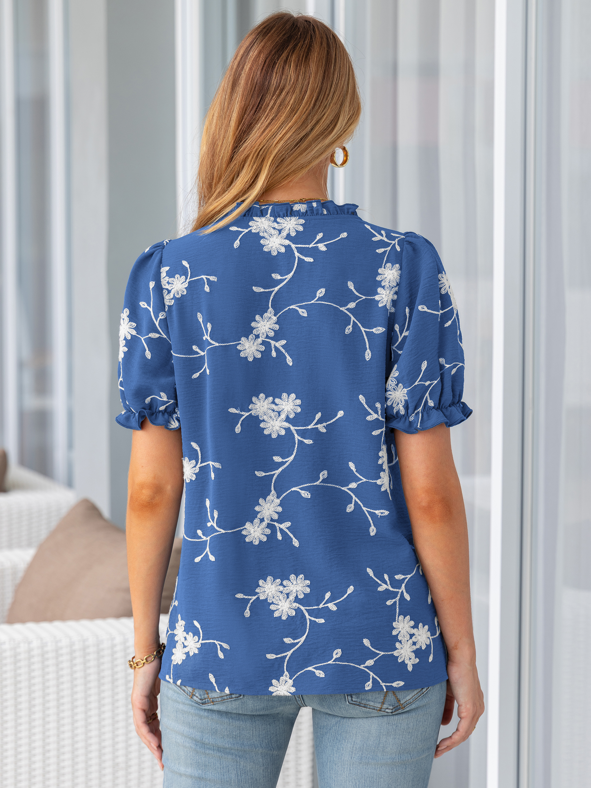 Floral Embroidered Ruffle V-Neck Puff Sleeve Top