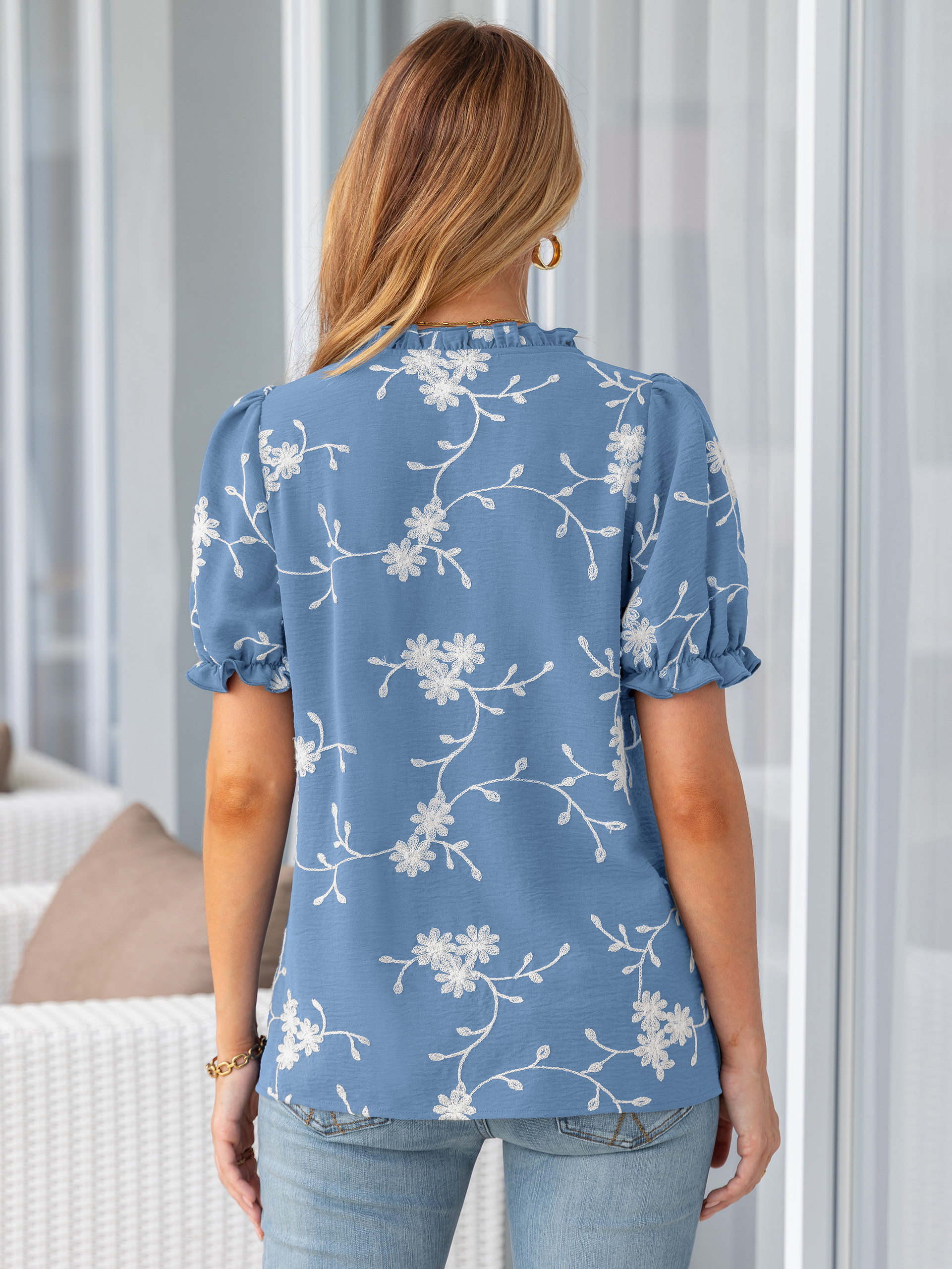 Floral Embroidered Ruffle V-Neck Puff Sleeve Top