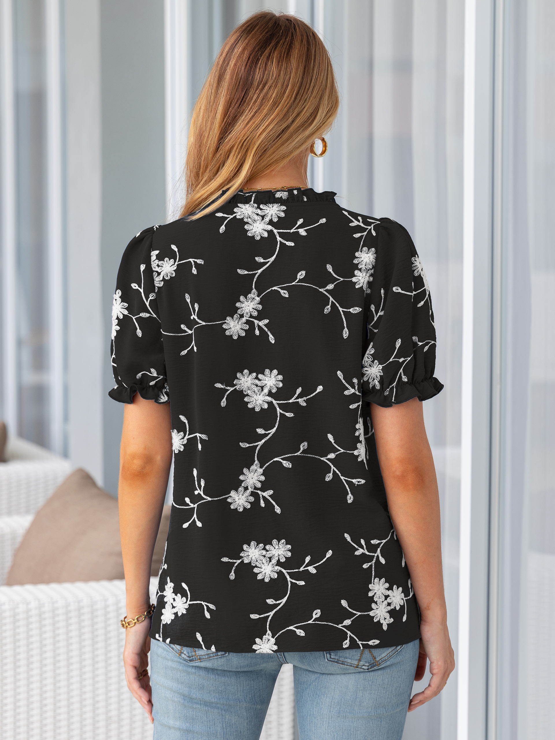 Floral Embroidered Ruffle V-Neck Puff Sleeve Top
