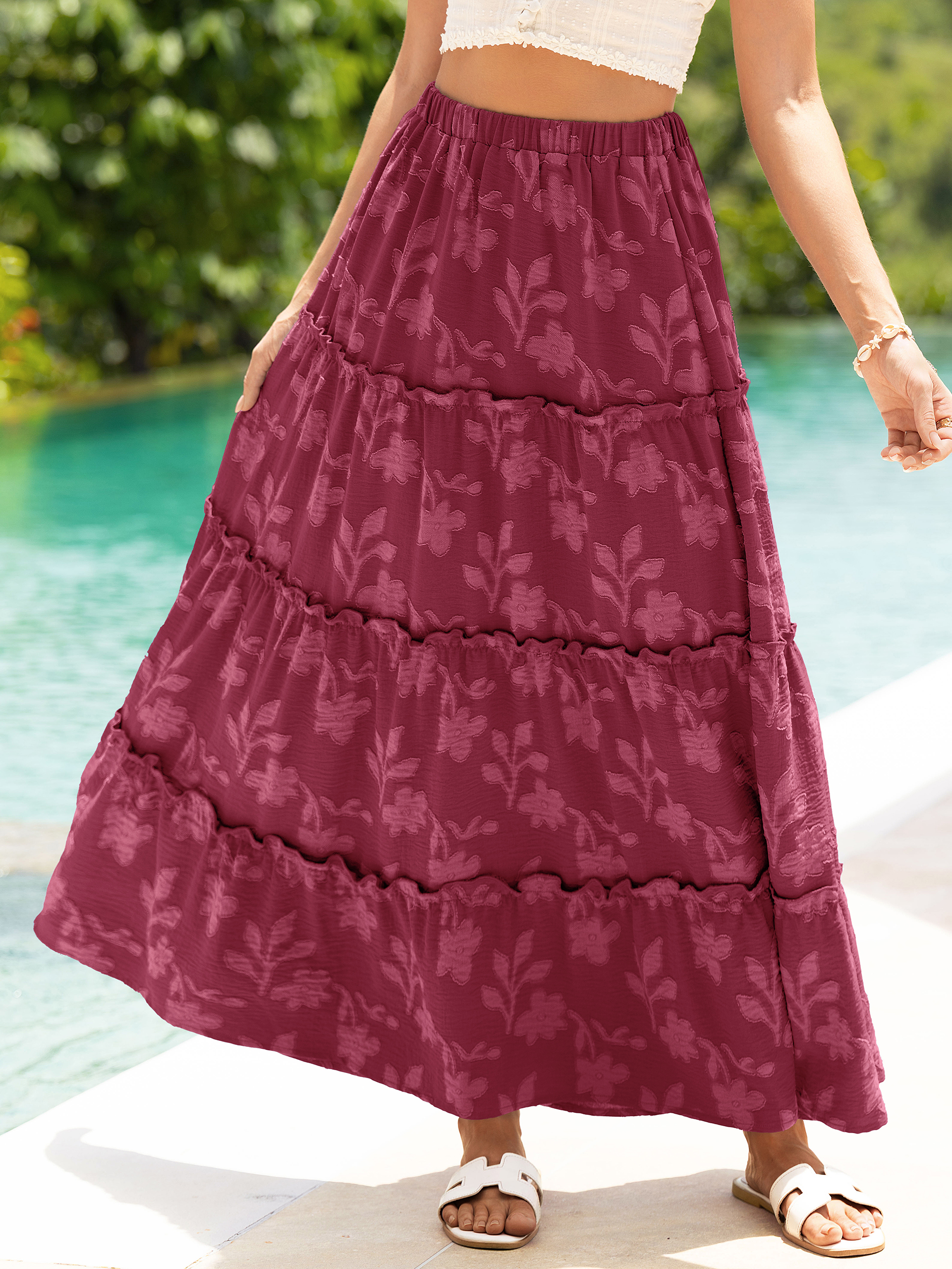 Floral Burnout High Waist Tiered Maxi Skirt