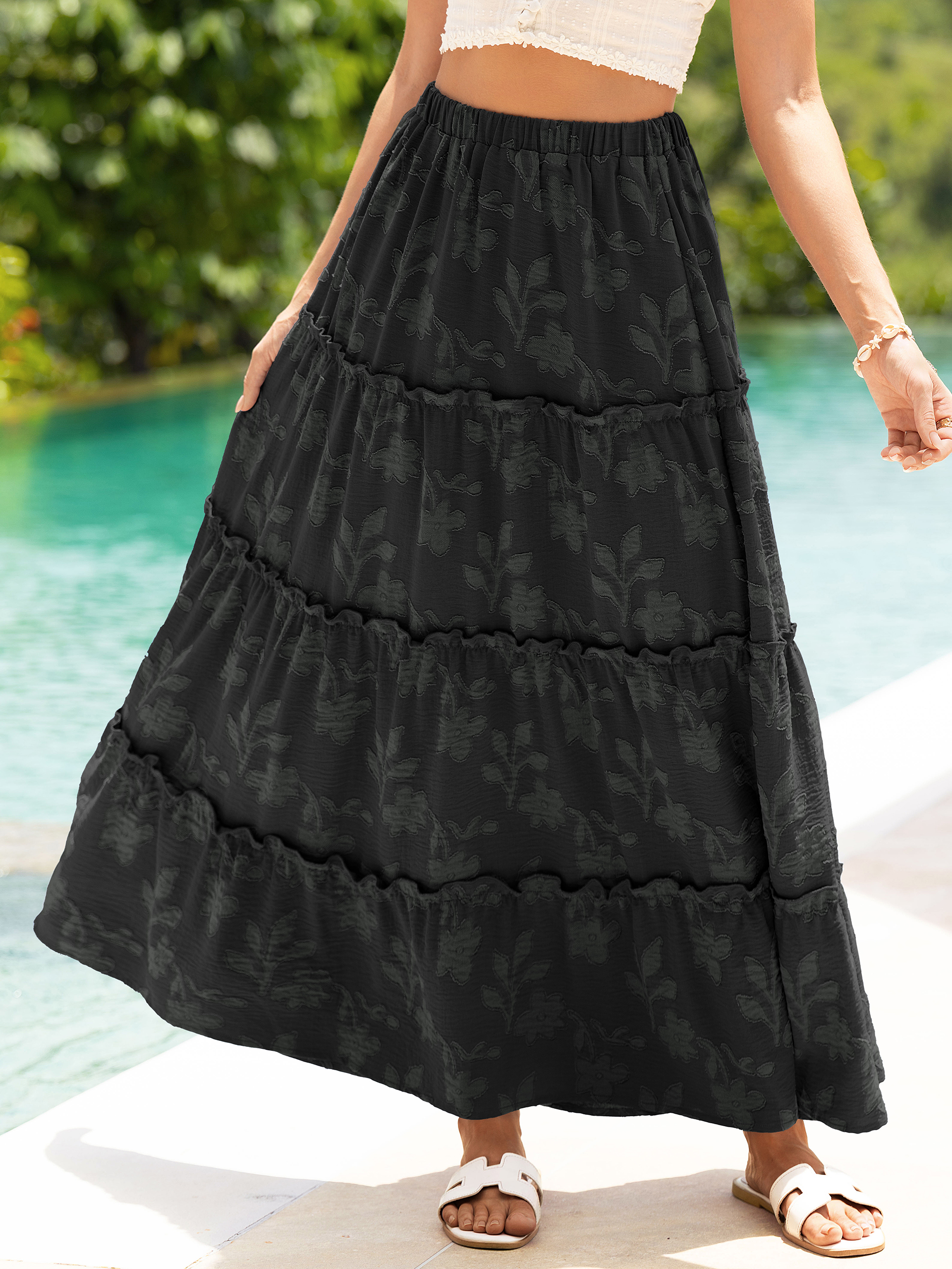 Floral Burnout High Waist Tiered Maxi Skirt