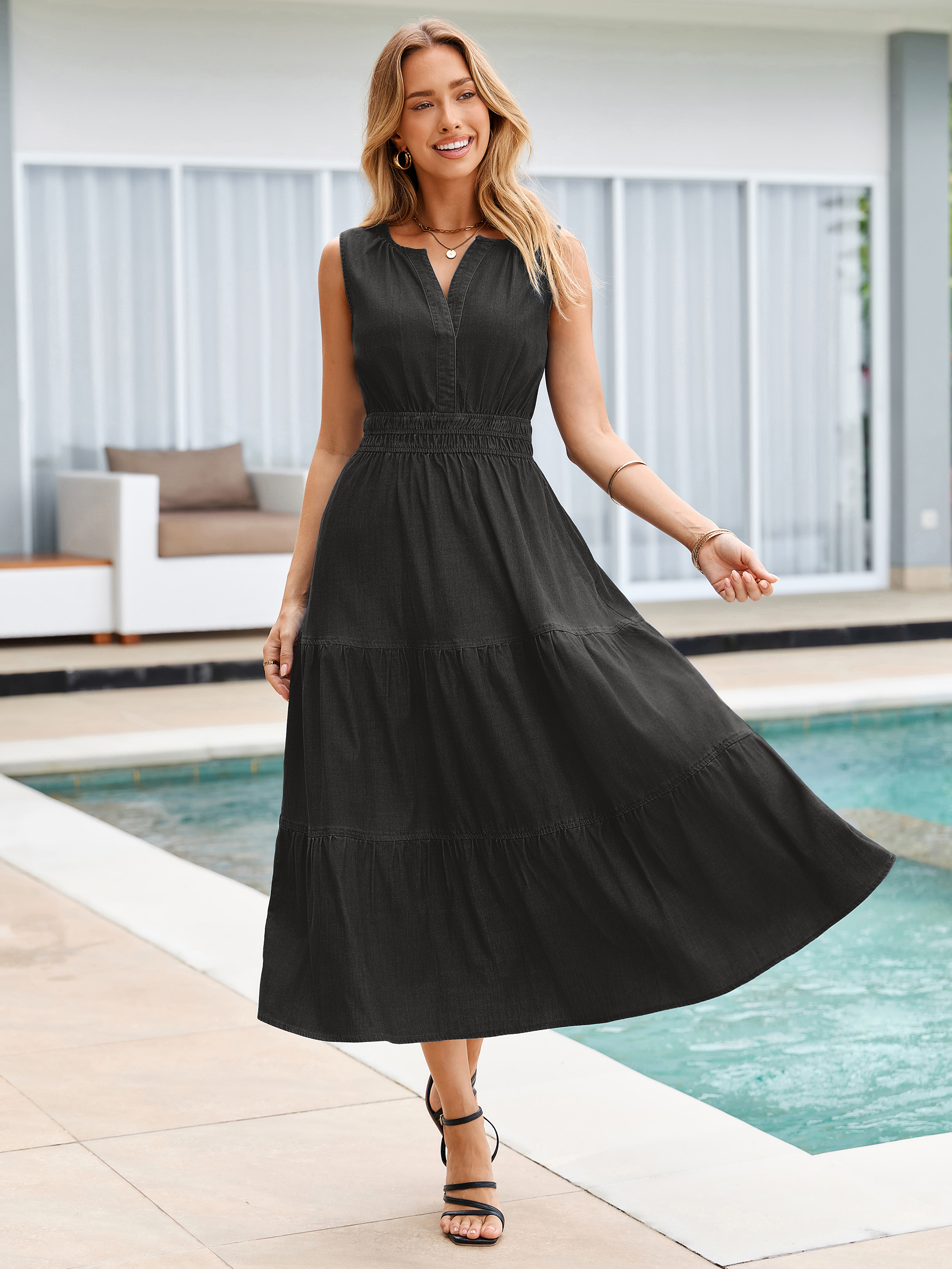 Sleeveless Denim Maxi Dress with Tiered Hem