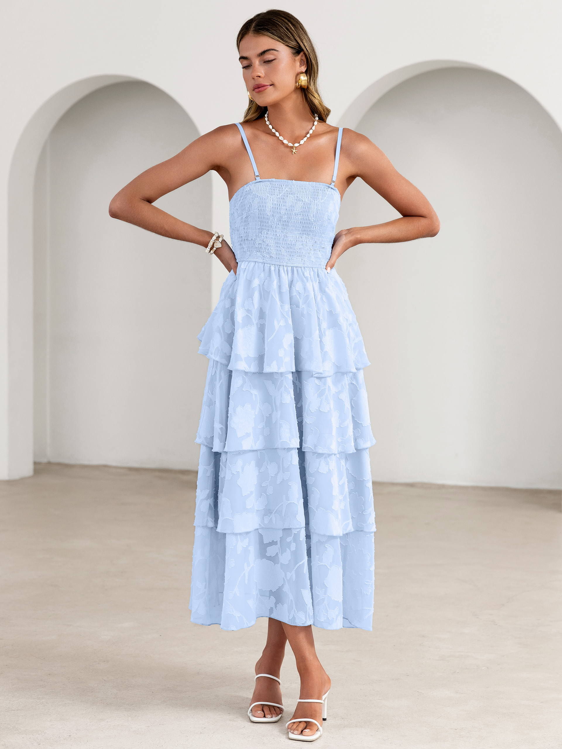 Floral Strapless Smocked Tiered Maxi Dress - Blue