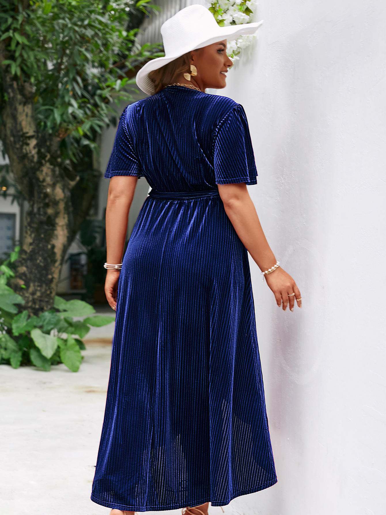 Plus Size Velvet V Neck Short Sleeve Wrap Maxi Dress