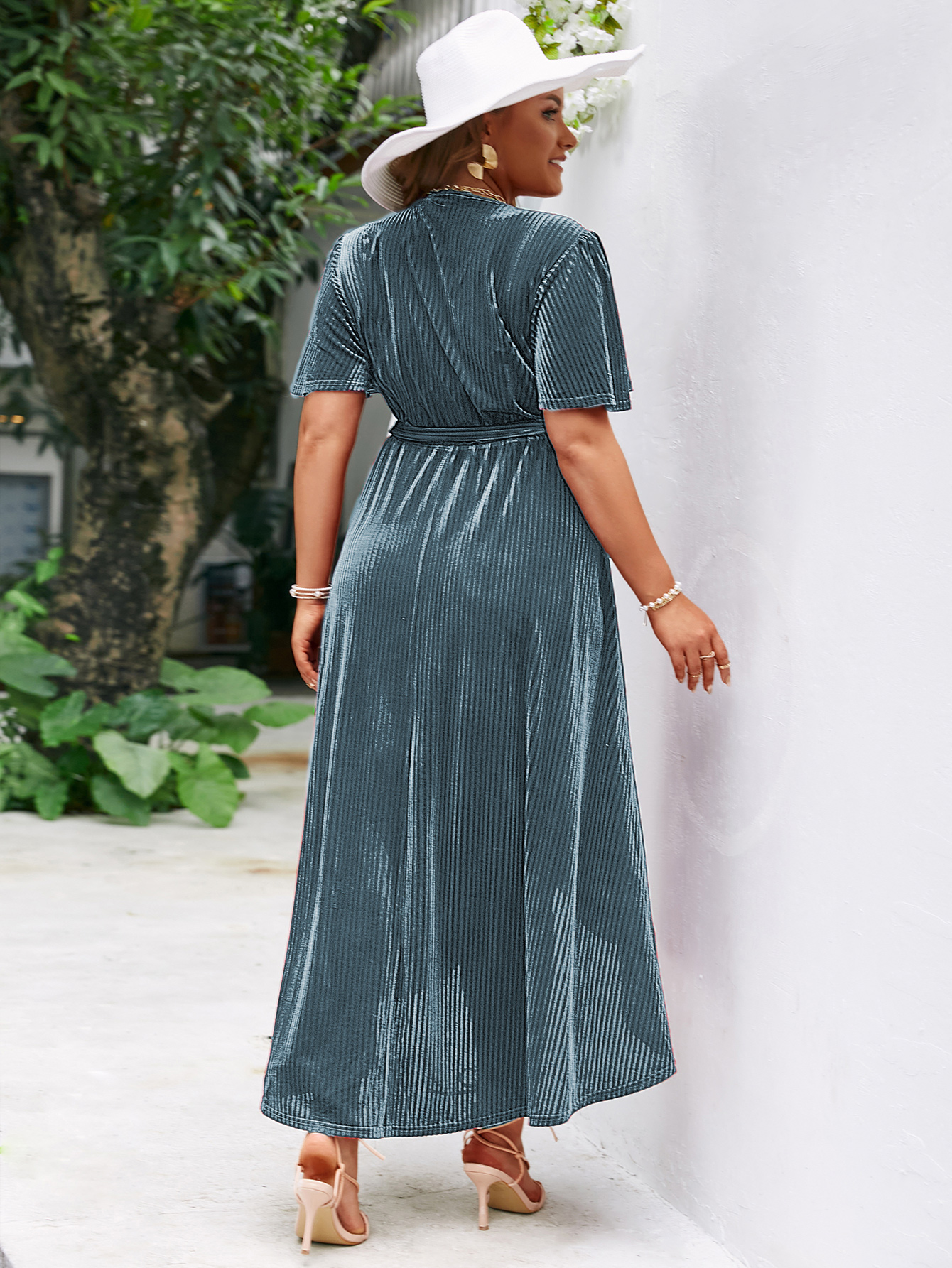Plus Size Velvet V Neck Short Sleeve Wrap Maxi Dress