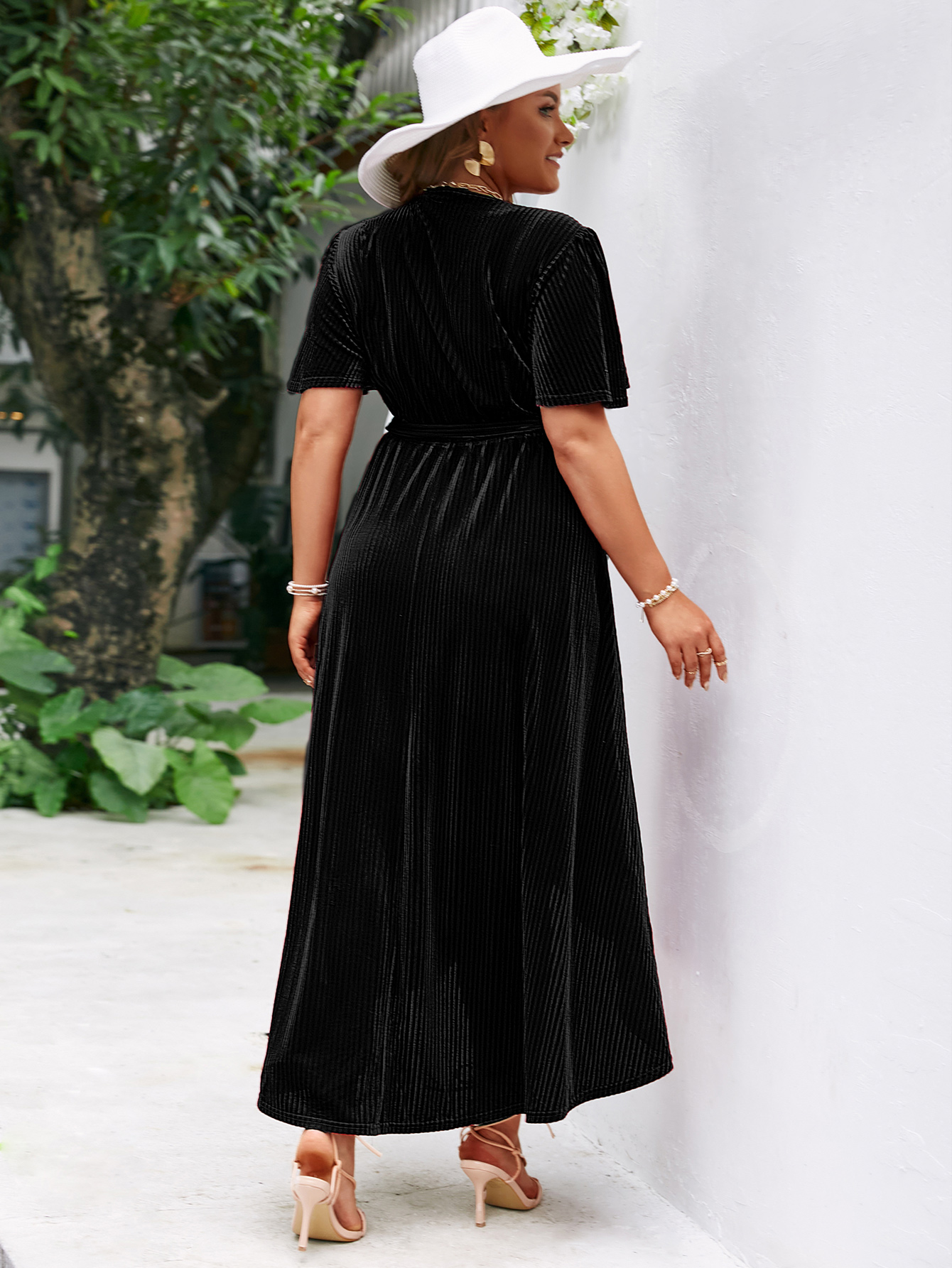 Plus Size Velvet V Neck Short Sleeve Wrap Maxi Dress