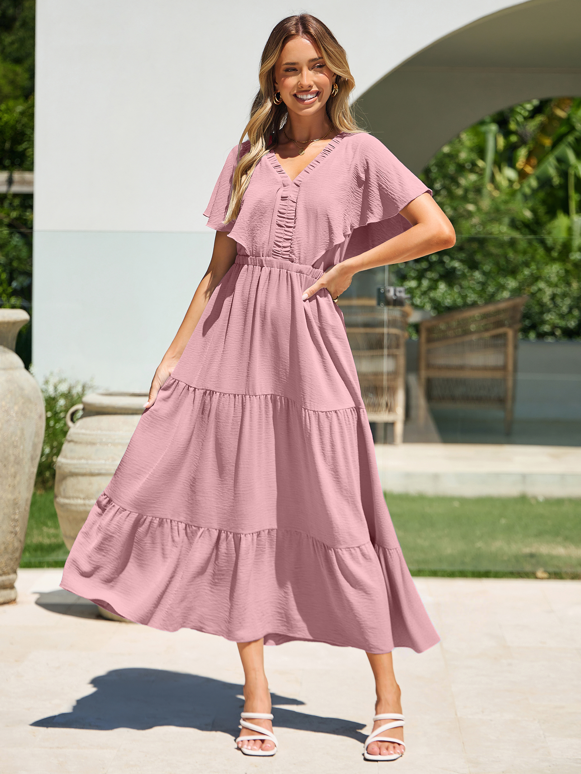 Solid Color Tiered V-Neck Ruffle Sleeve Maxi Dress - Pink