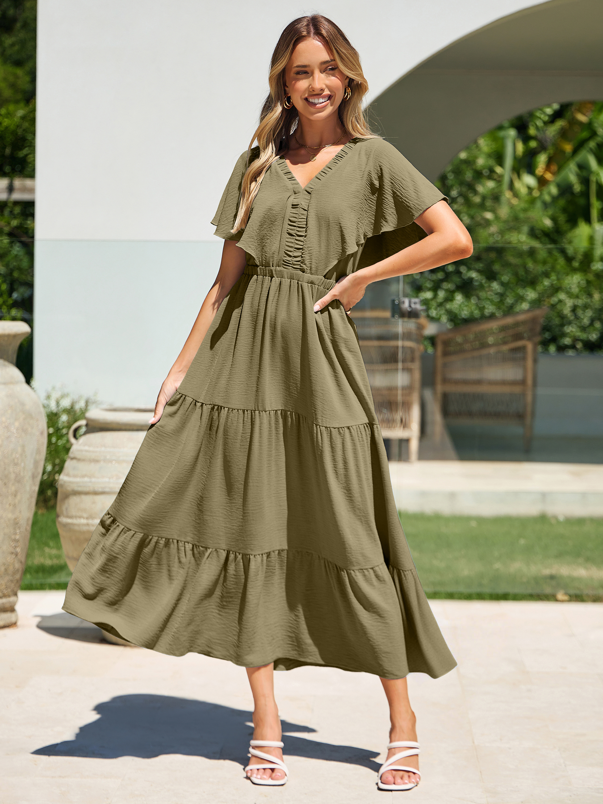 Solid Color Tiered V-Neck Ruffle Sleeve Maxi Dress - Olive Green