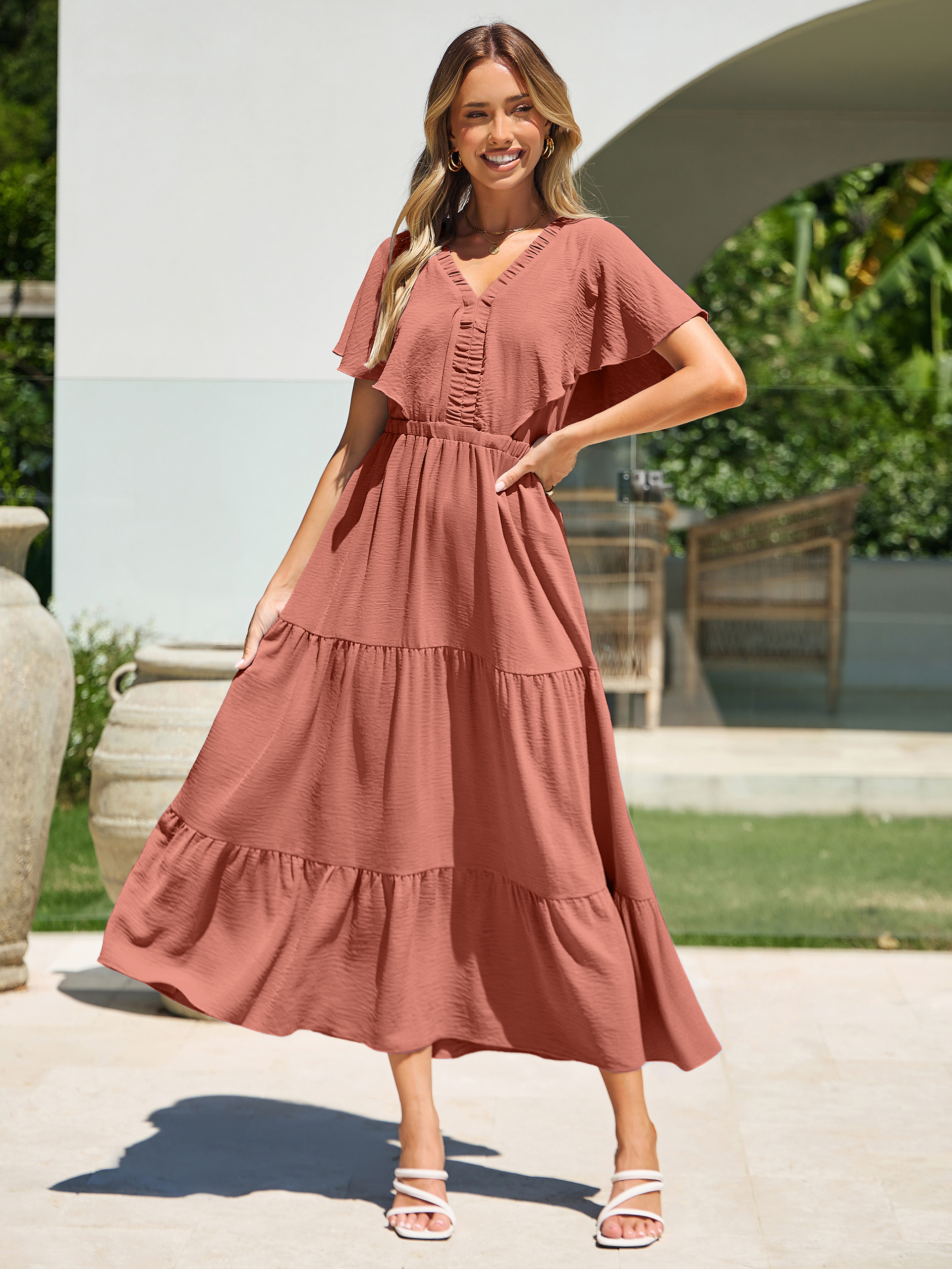 Solid Color Tiered V-Neck Ruffle Sleeve Maxi Dress - Reddish Orange