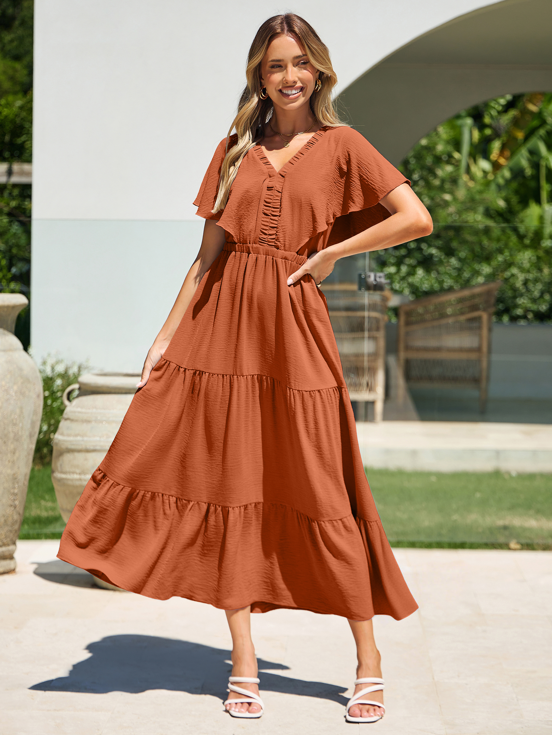 Solid Color Tiered V-Neck Ruffle Sleeve Maxi Dress - Pumpkin