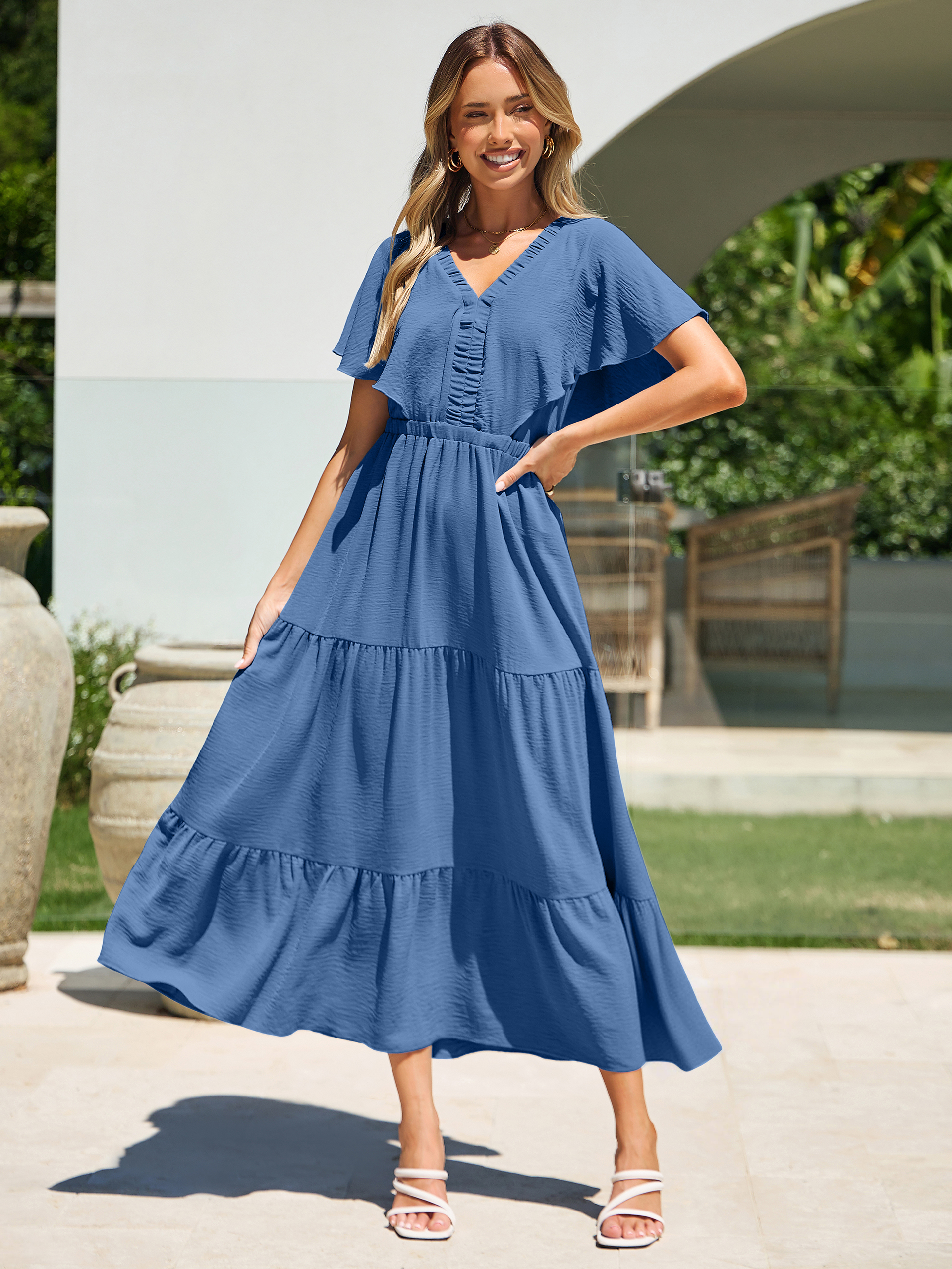 Solid Color Tiered V-Neck Ruffle Sleeve Maxi Dress - Dark Blue